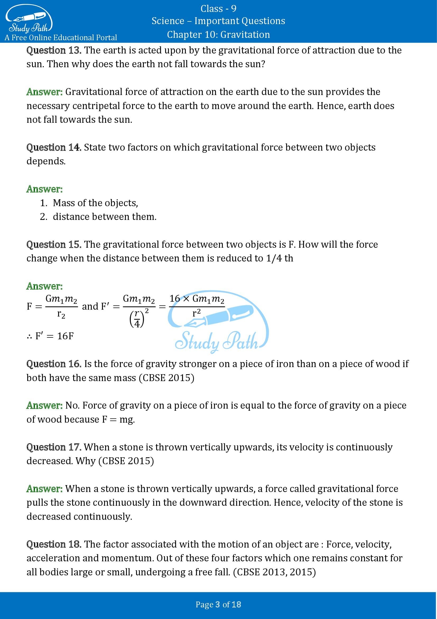 Important Questions for Class 9 Science Chapter 10 Gravitation 00003