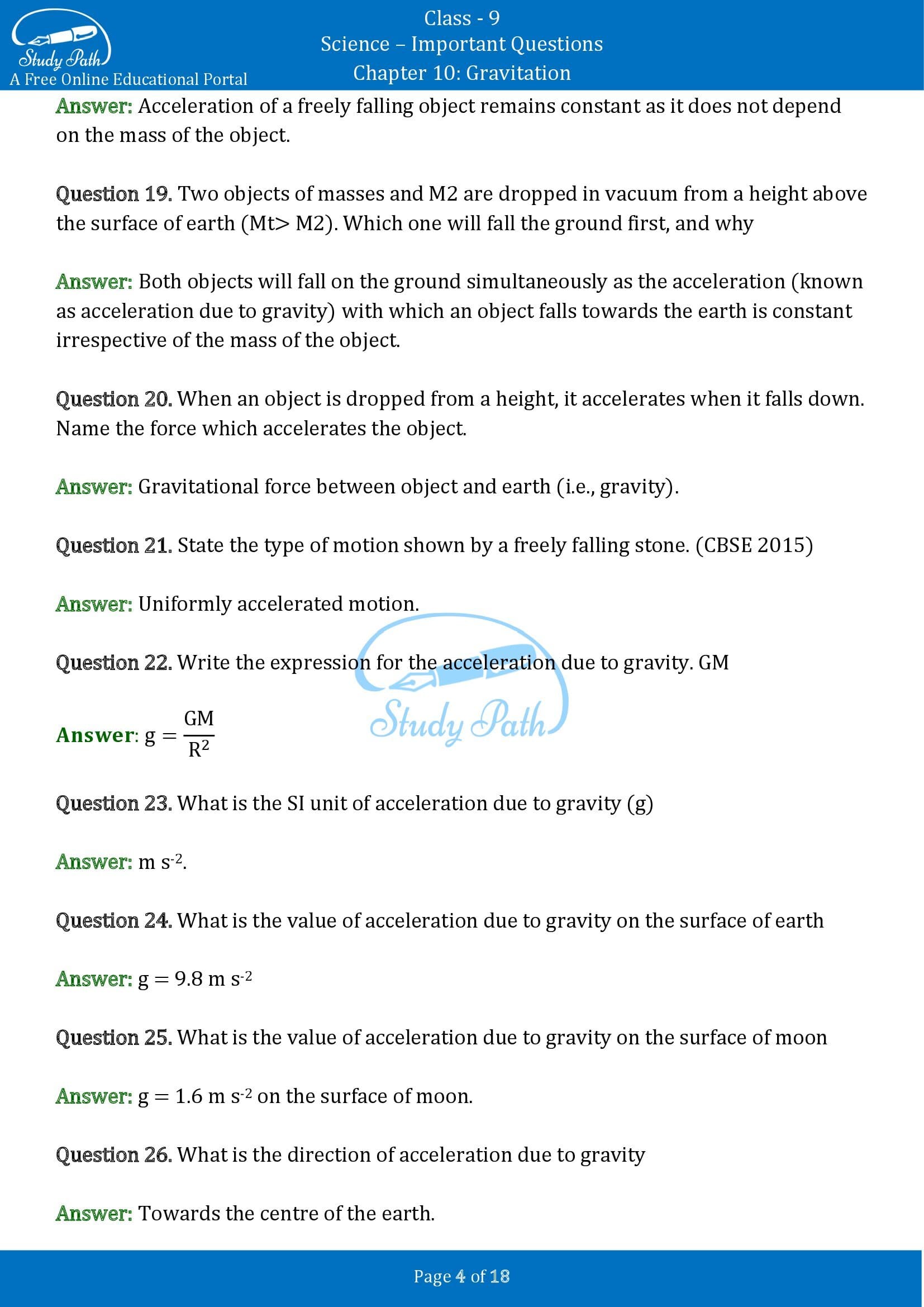 Important Questions for Class 9 Science Chapter 10 Gravitation 00004