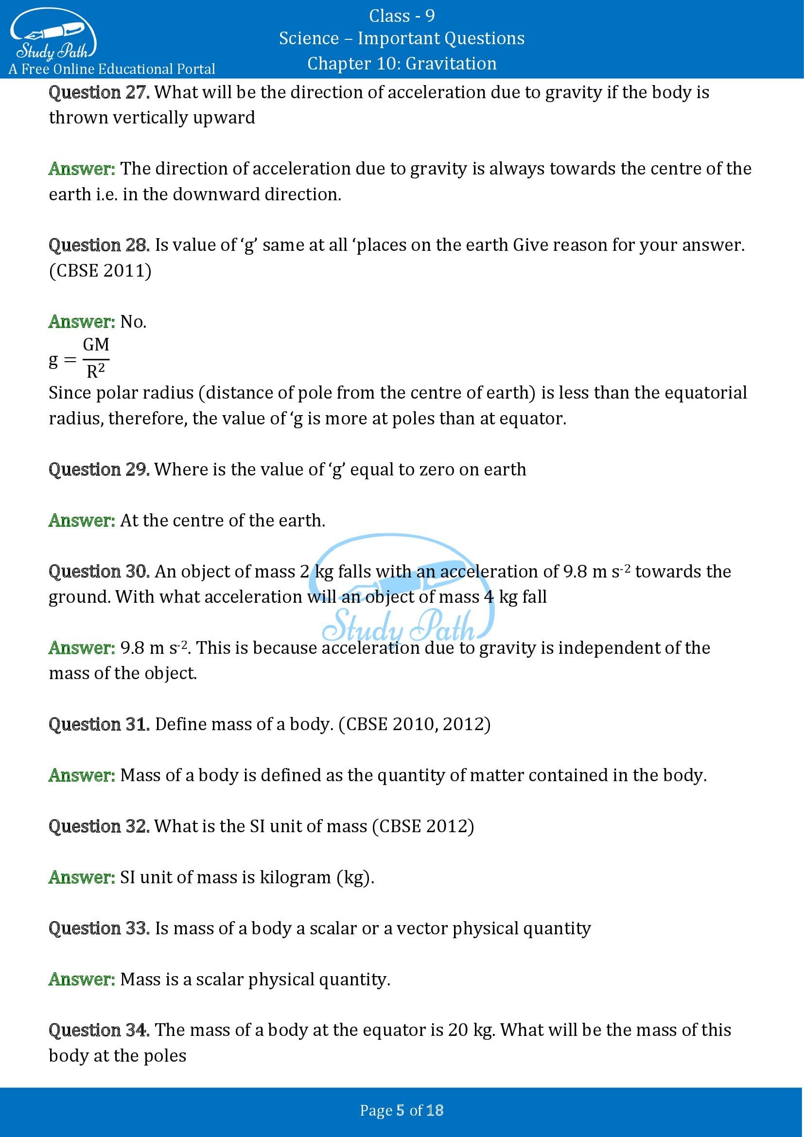 Important Questions for Class 9 Science Chapter 10 Gravitation 00005