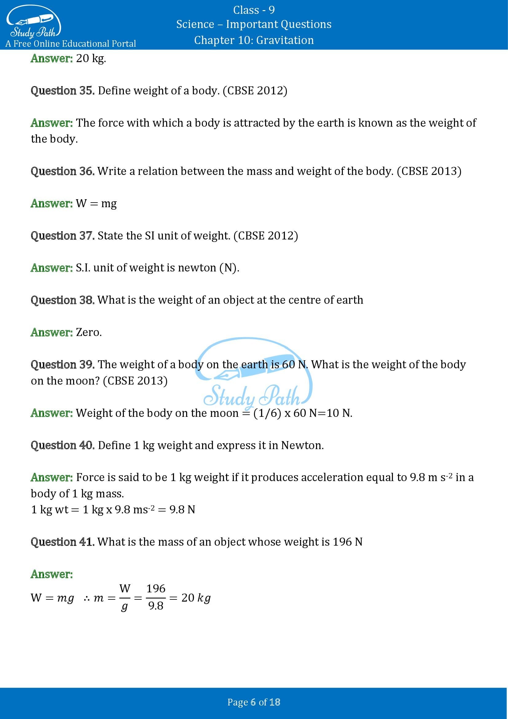 Important Questions for Class 9 Science Chapter 10 Gravitation 00006