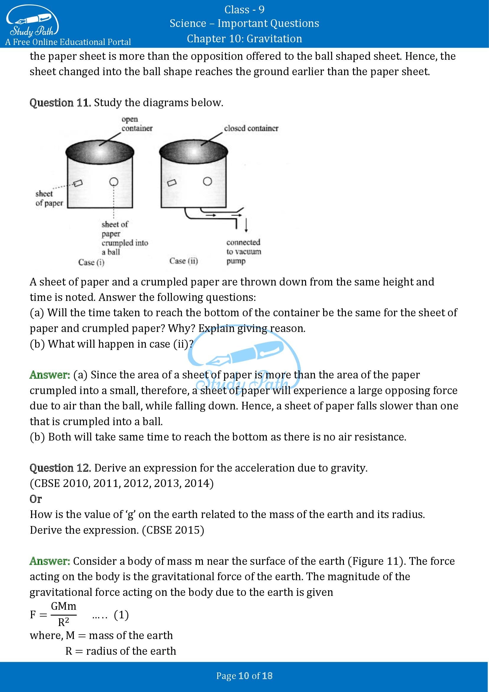 case study questions class 9 physics gravitation