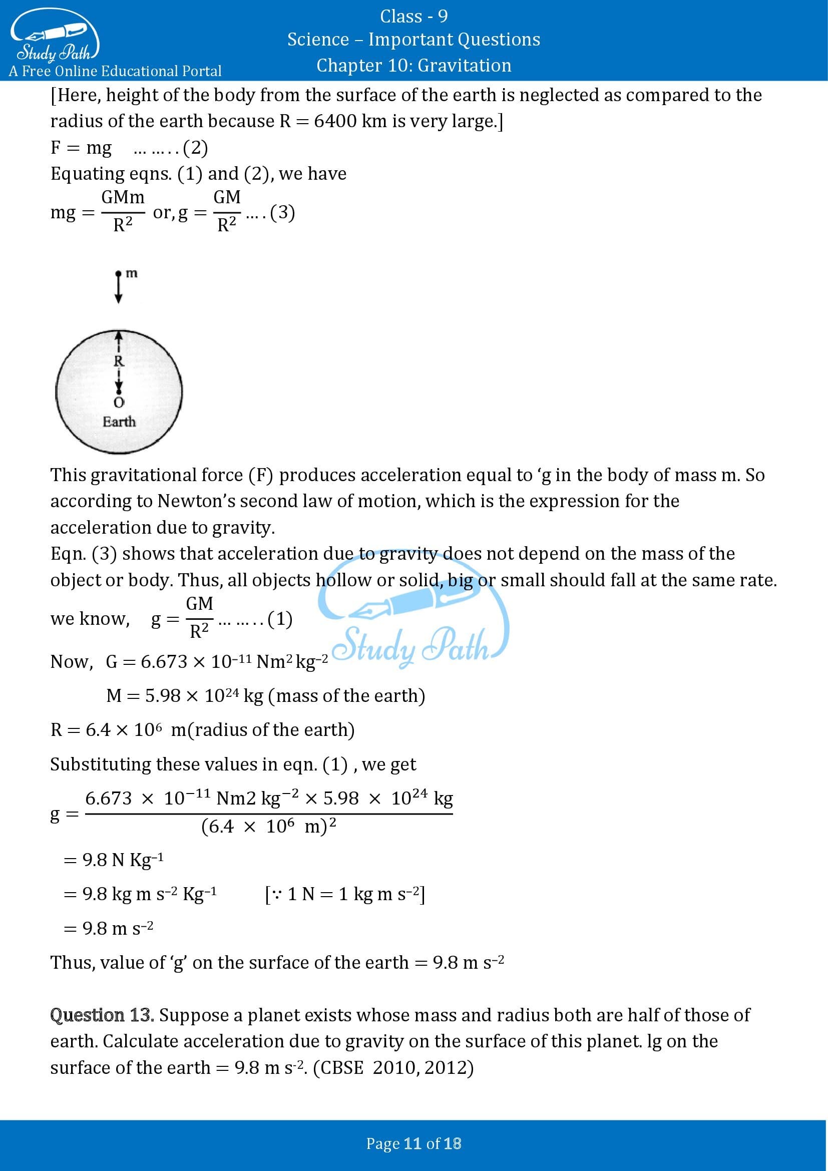 Important Questions for Class 9 Science Chapter 10 Gravitation 00011