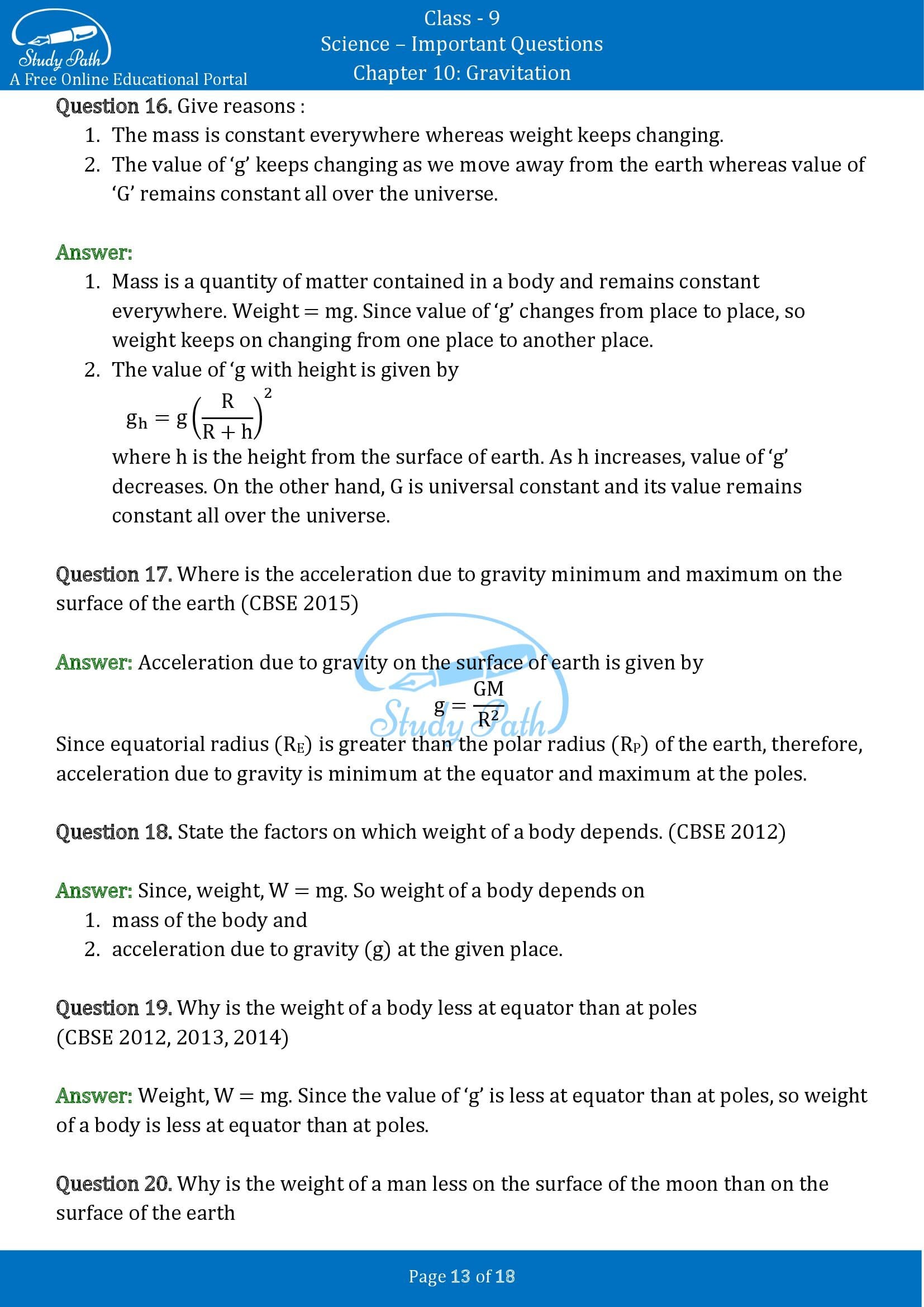 Important Questions for Class 9 Science Chapter 10 Gravitation 00013