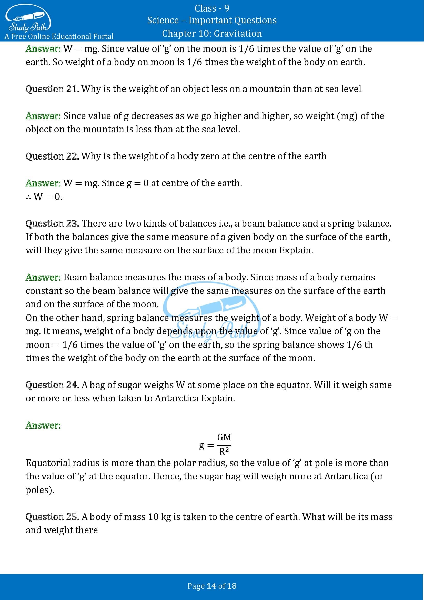 Important Questions for Class 9 Science Chapter 10 Gravitation 00014