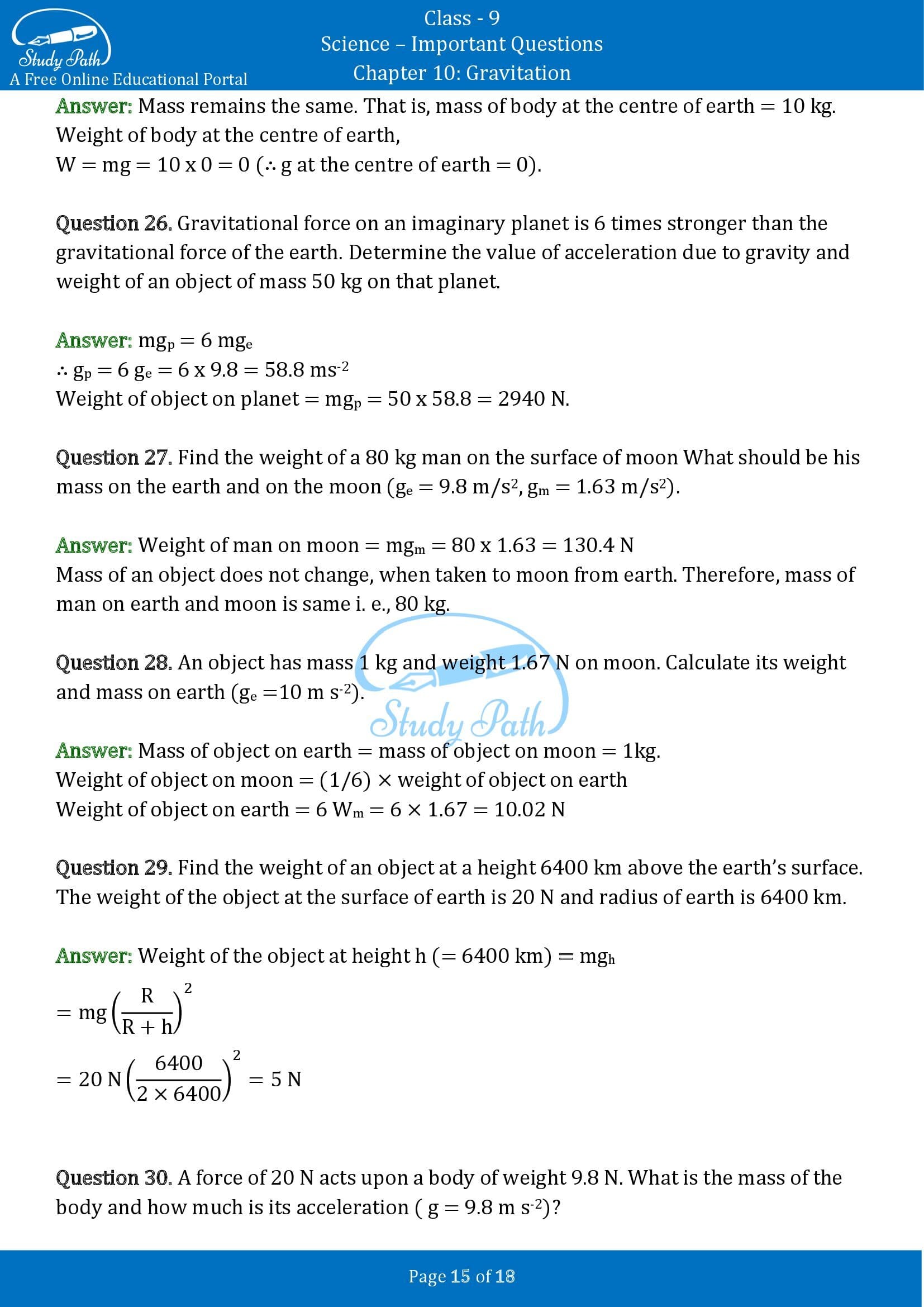 Important Questions for Class 9 Science Chapter 10 Gravitation 00015
