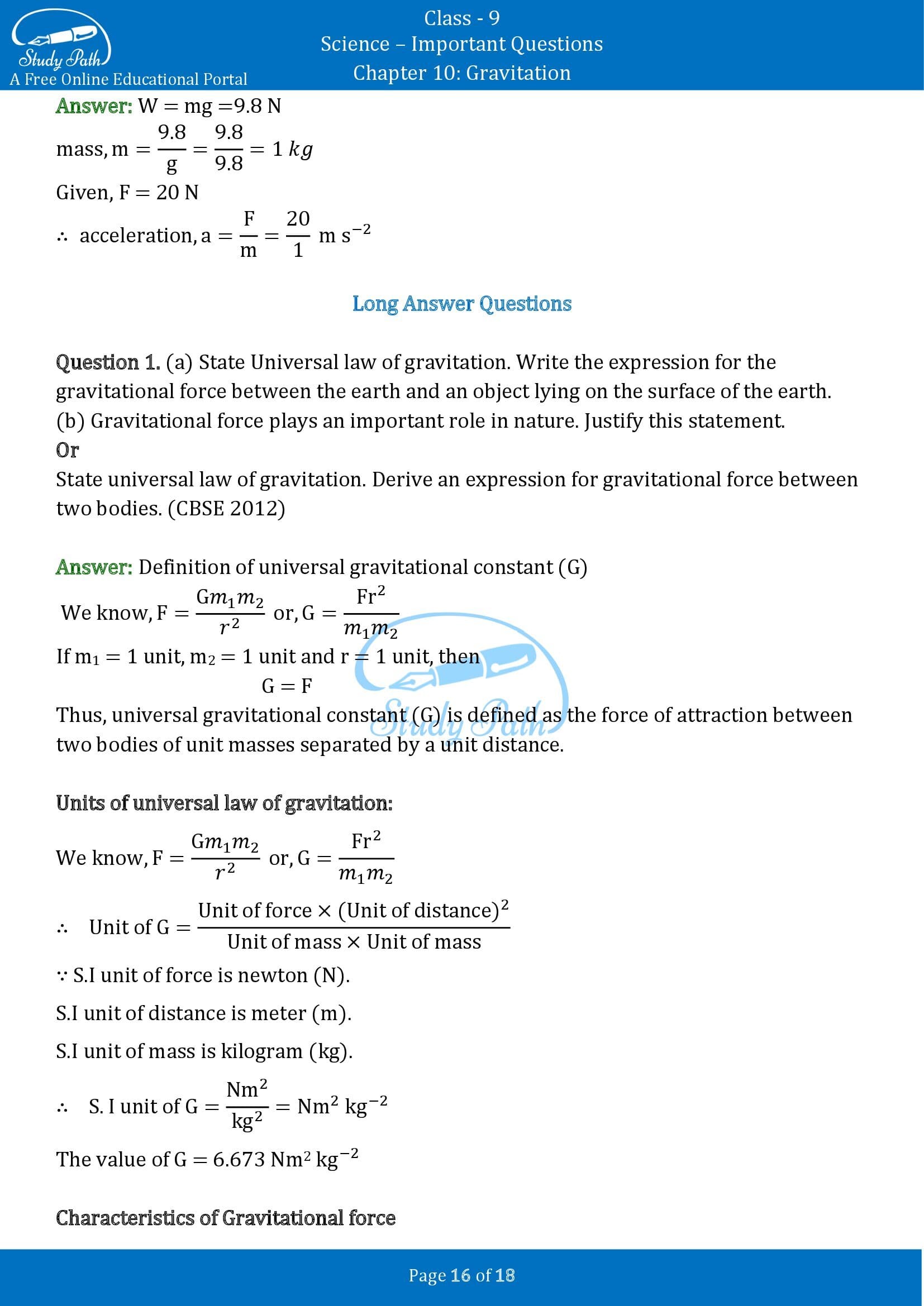 Important Questions for Class 9 Science Chapter 10 Gravitation 00016