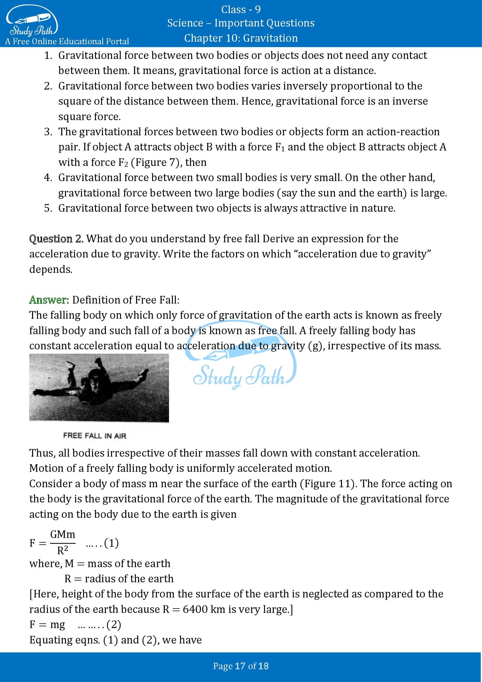 Important Questions for Class 9 Science Chapter 10 Gravitation 00017