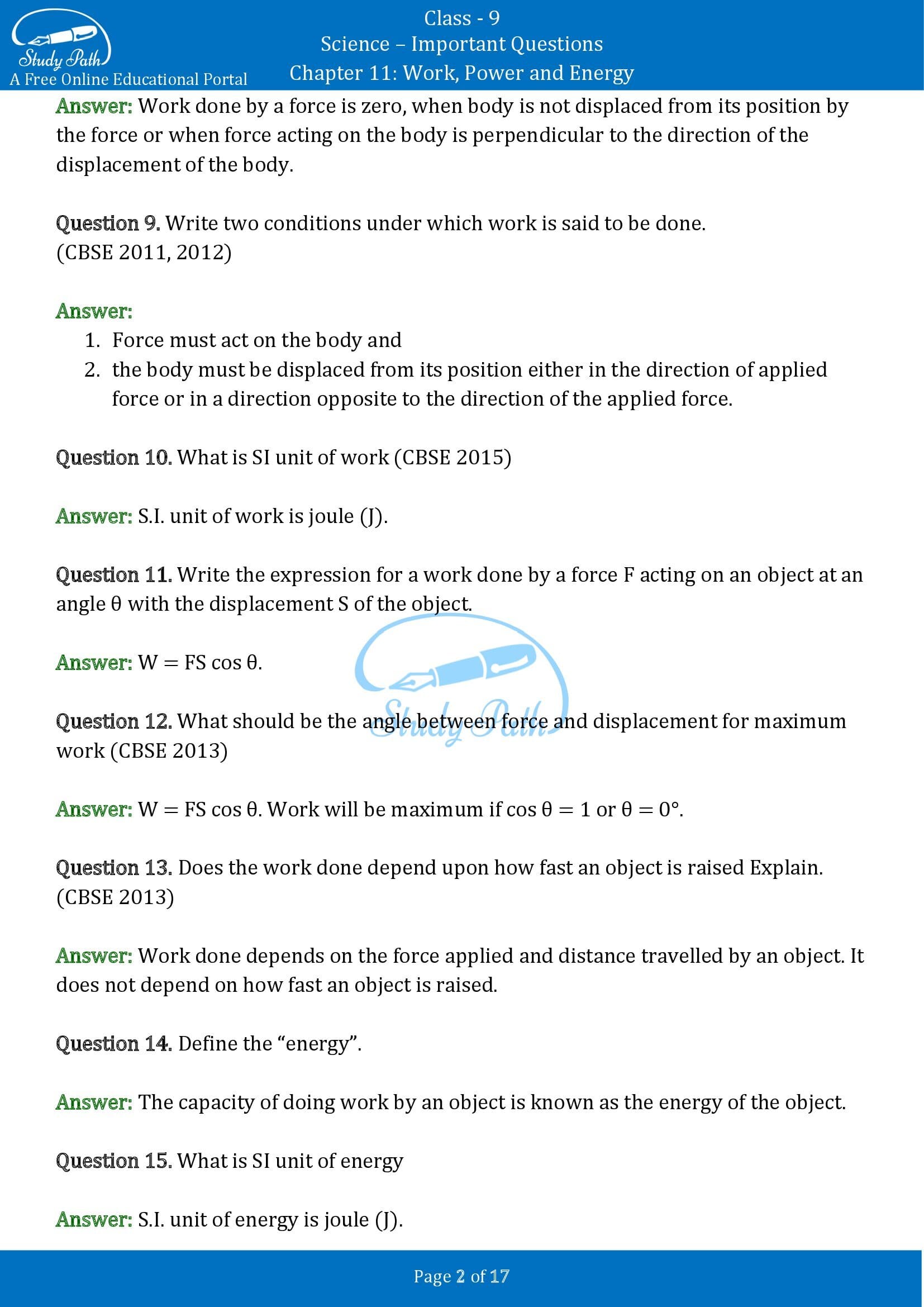 Important Questions for Class 9 Science Chapter 11 Work Power and Energy 00002