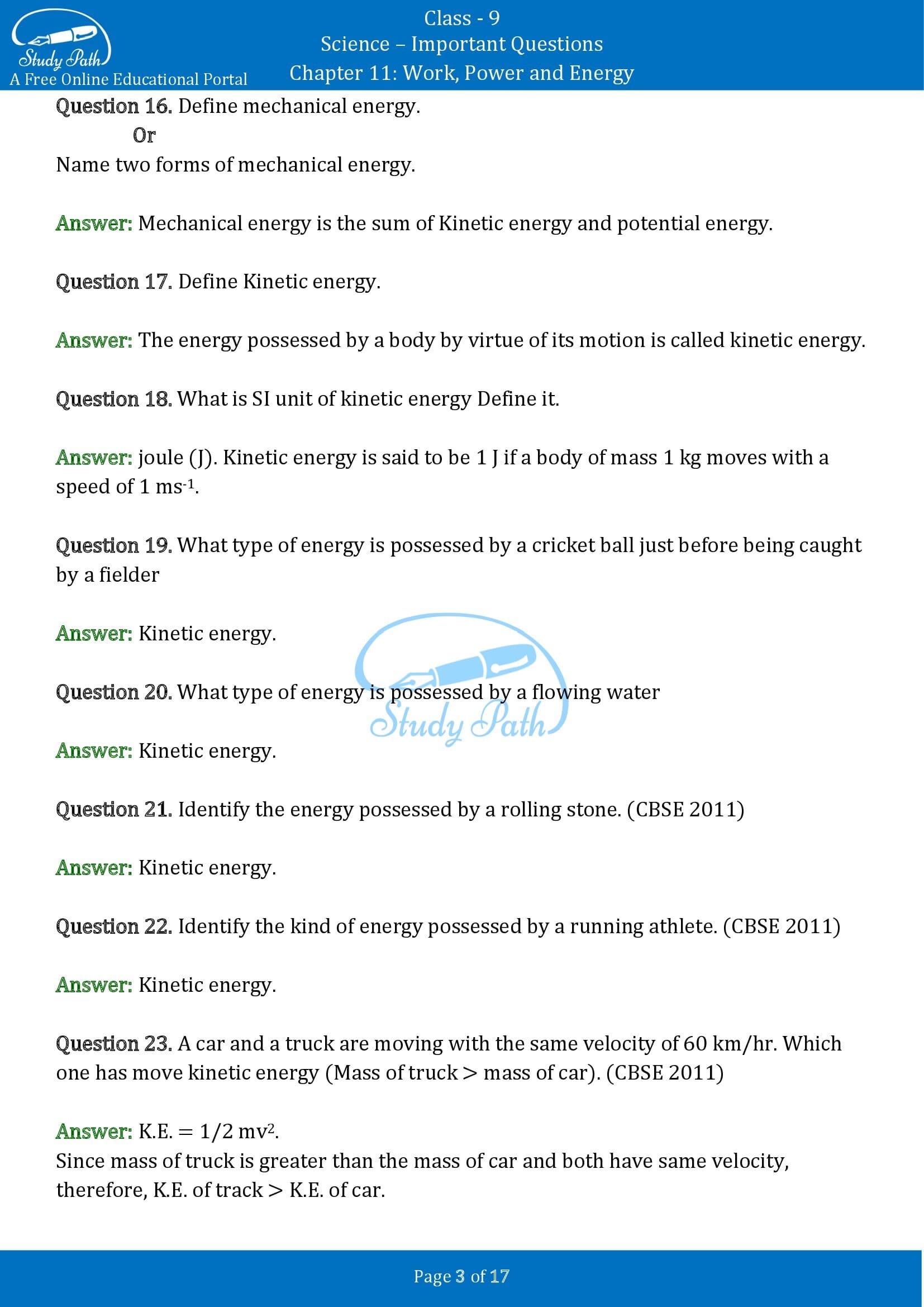 Important Questions for Class 9 Science Chapter 11 Work Power and Energy 00003