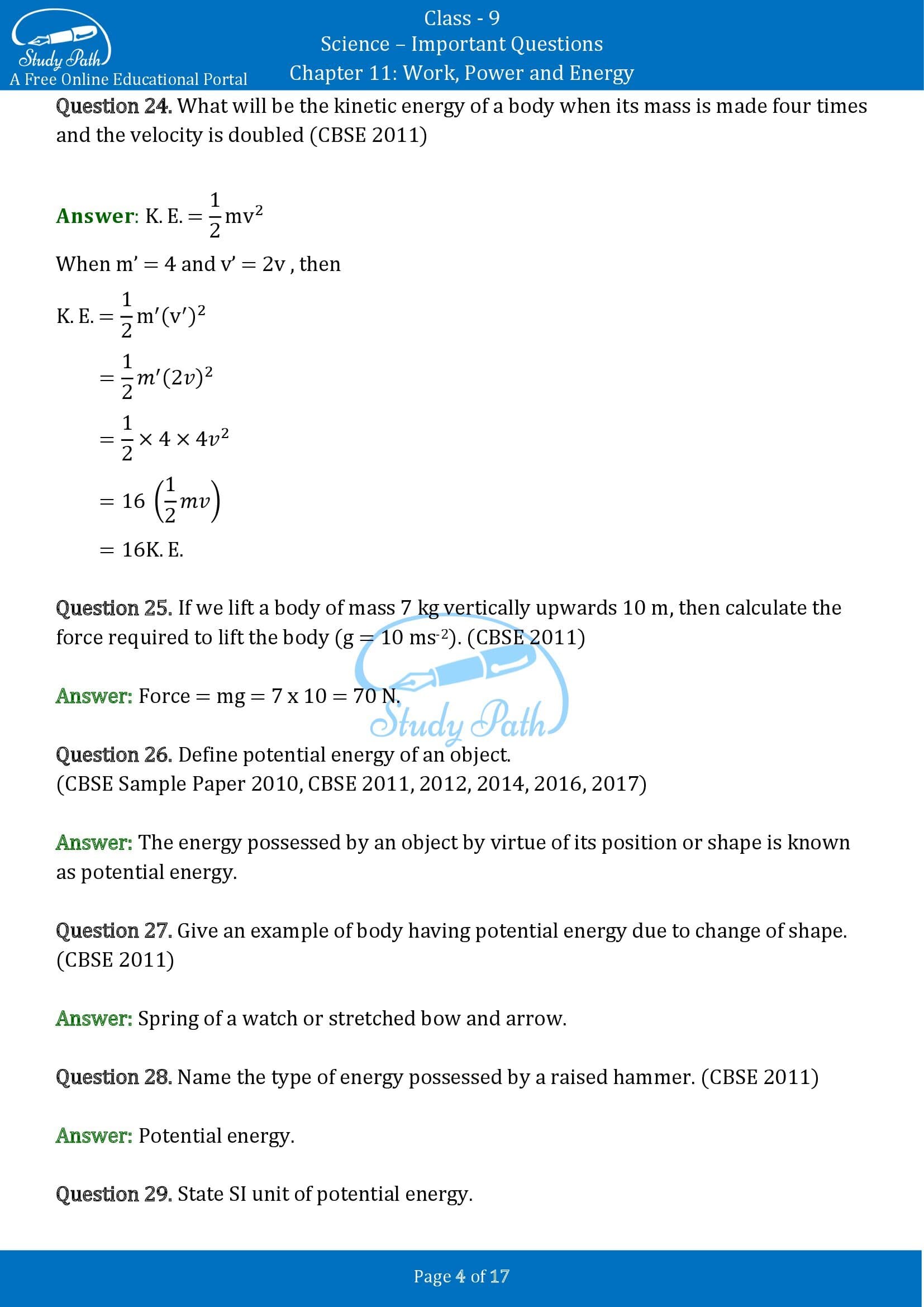 Important Questions for Class 9 Science Chapter 11 Work Power and Energy 00004