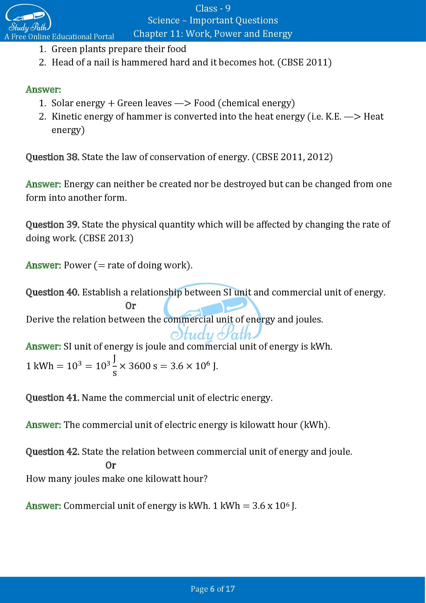 Important Questions for Class 9 Science Chapter 11 Work Power and Energy 00006