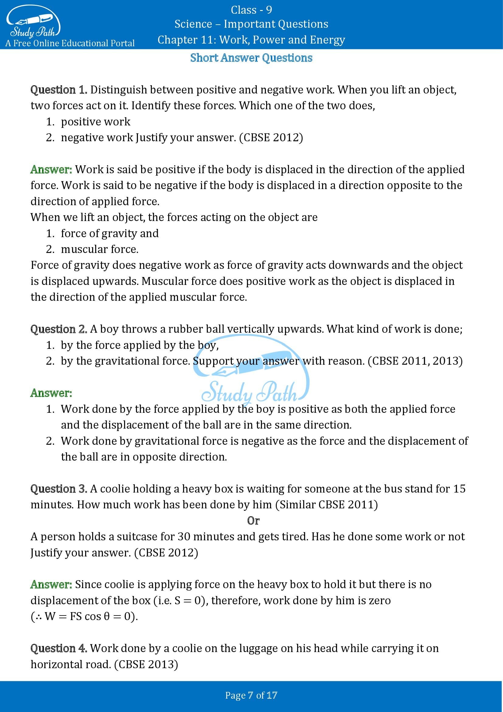 Important Questions for Class 9 Science Chapter 11 Work Power and Energy 00007