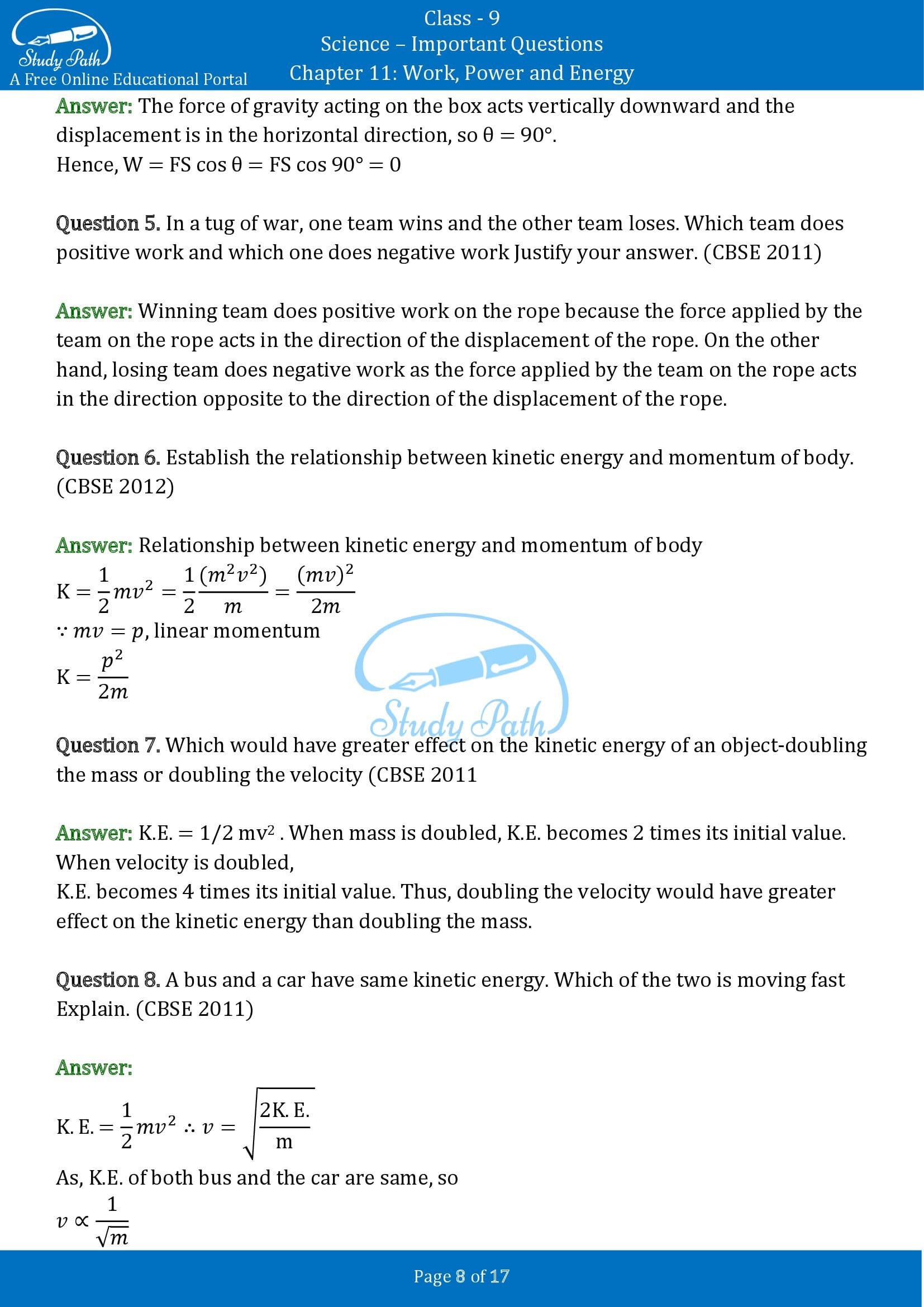 Important Questions for Class 9 Science Chapter 11 Work Power and Energy 00008