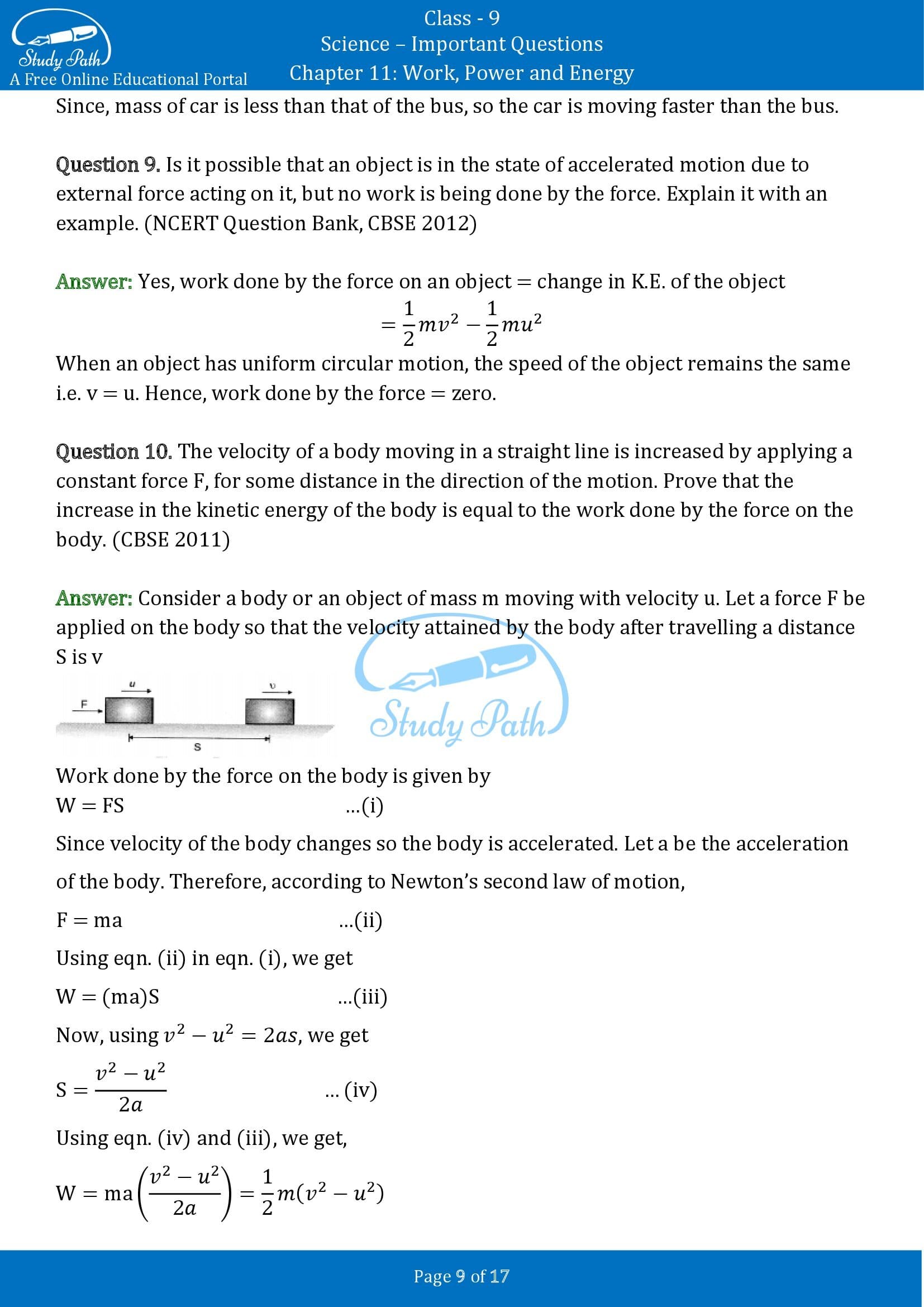 Important Questions for Class 9 Science Chapter 11 Work Power and Energy 00009