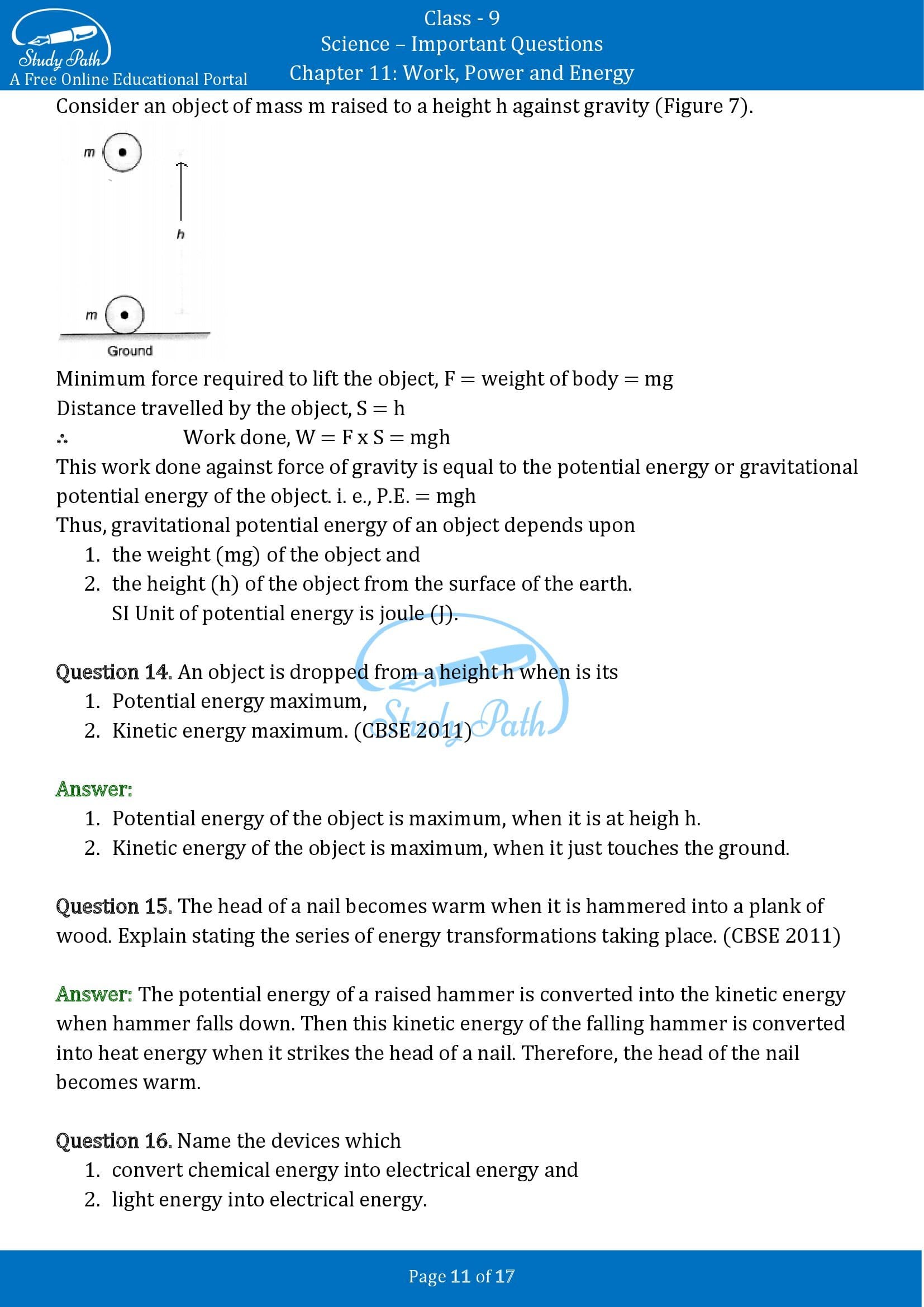 Important Questions for Class 9 Science Chapter 11 Work Power and Energy 00011