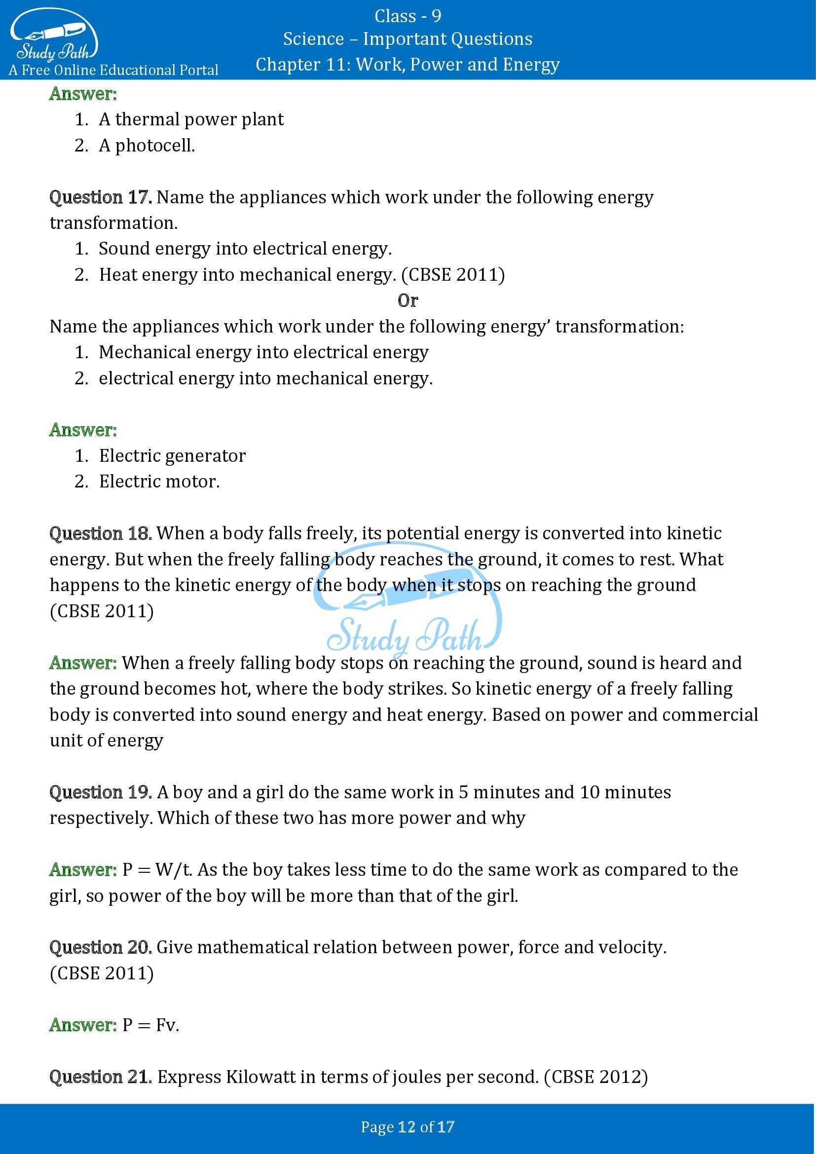 Important Questions for Class 9 Science Chapter 11 Work Power and Energy 00012