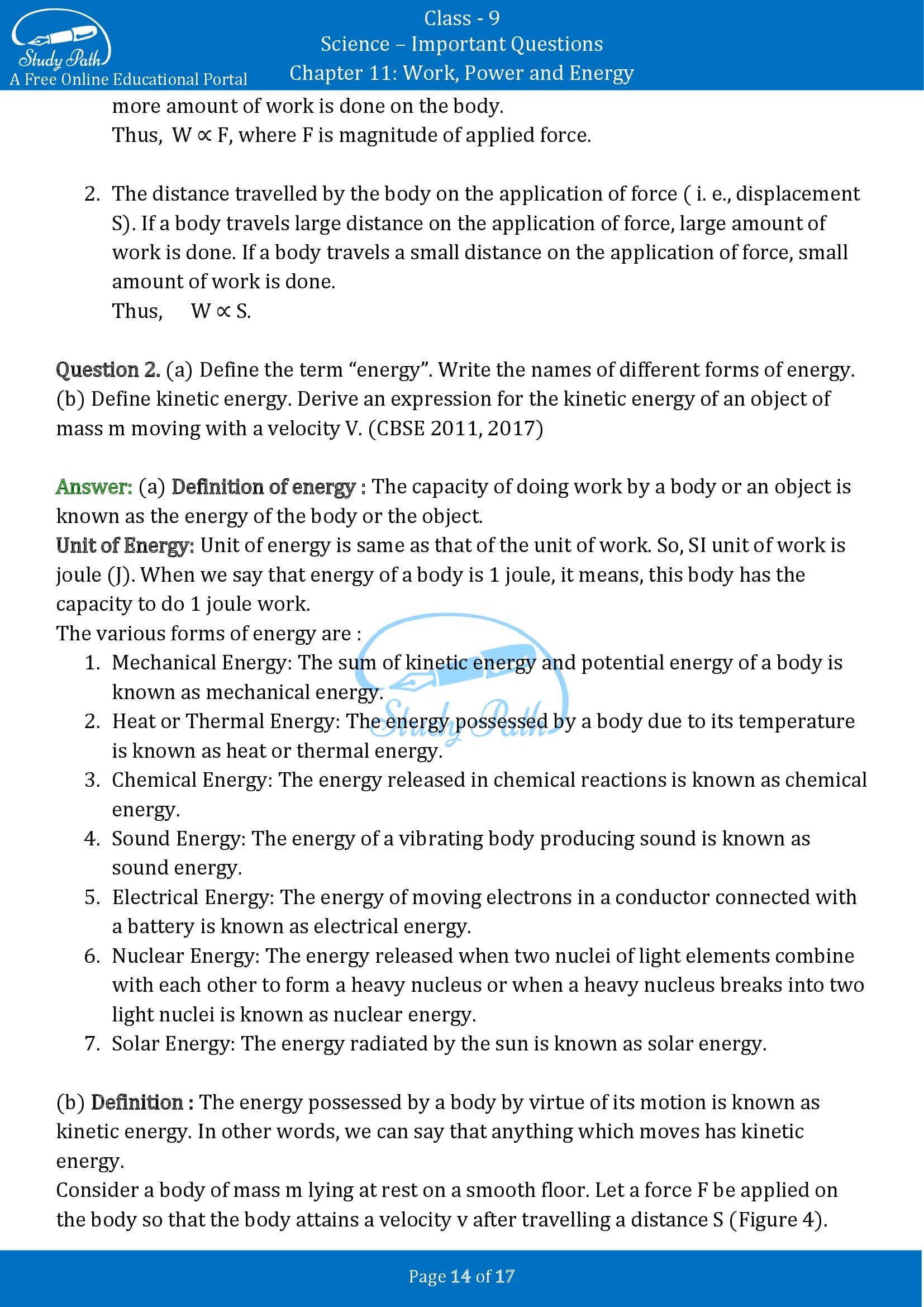 Important Questions for Class 9 Science Chapter 11 Work Power and Energy 00014