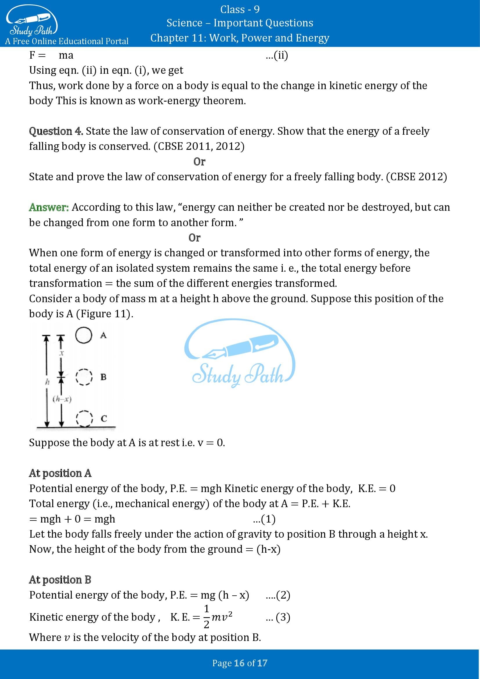 Important Questions for Class 9 Science Chapter 11 Work Power and Energy 00016