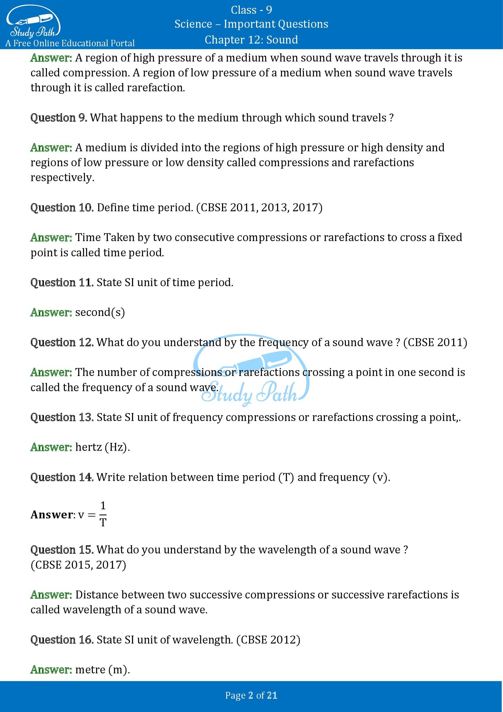 Important Questions for Class 9 Science Chapter 12 Sound 00002