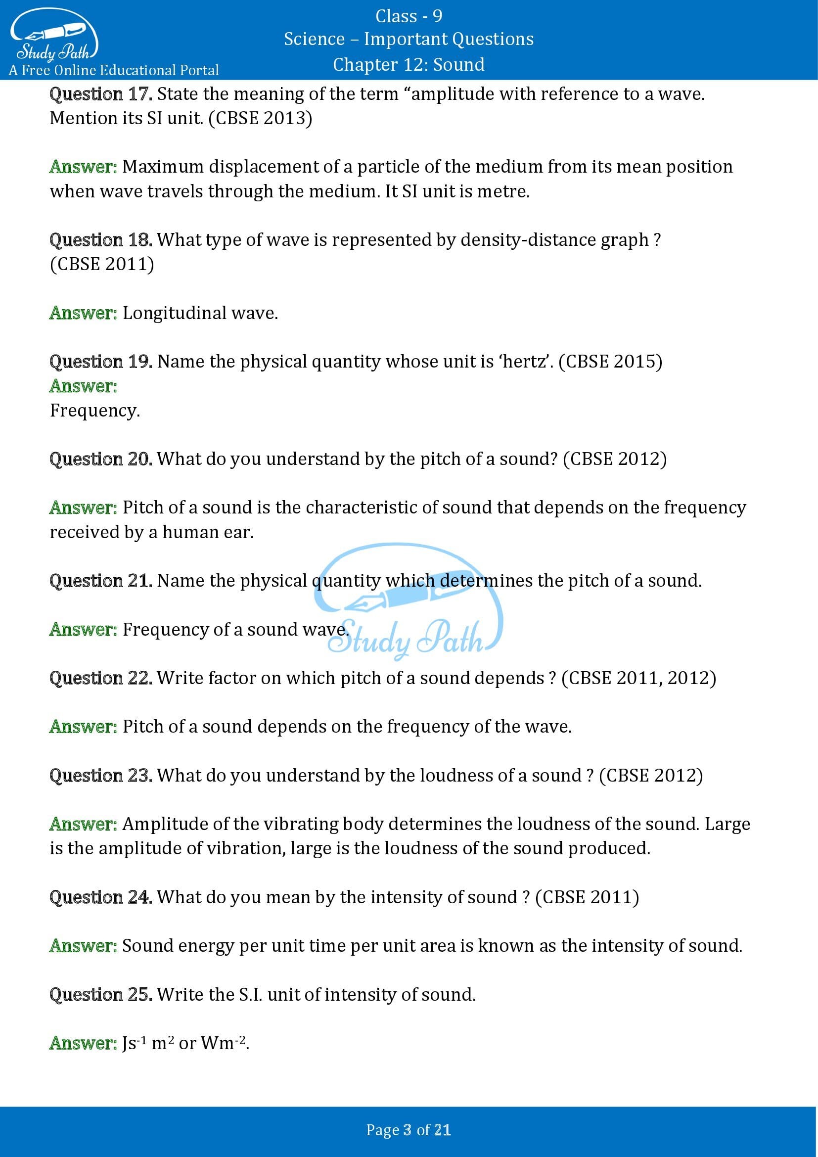 Important Questions for Class 9 Science Chapter 12 Sound 00003