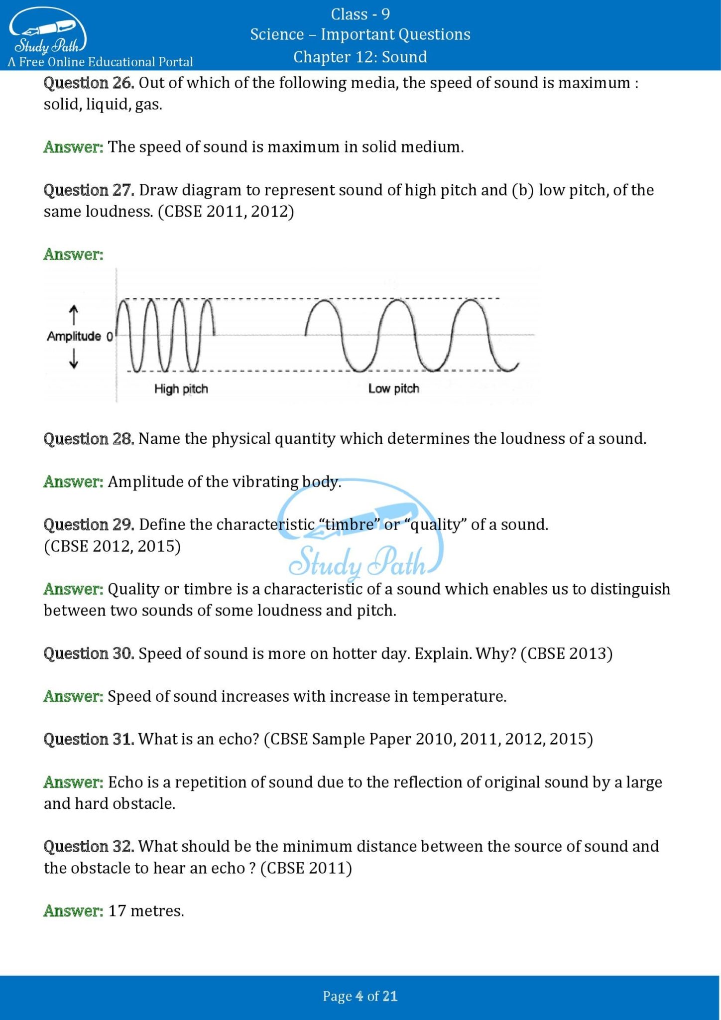 Important questions for class 9 science chapter 12 sound study path