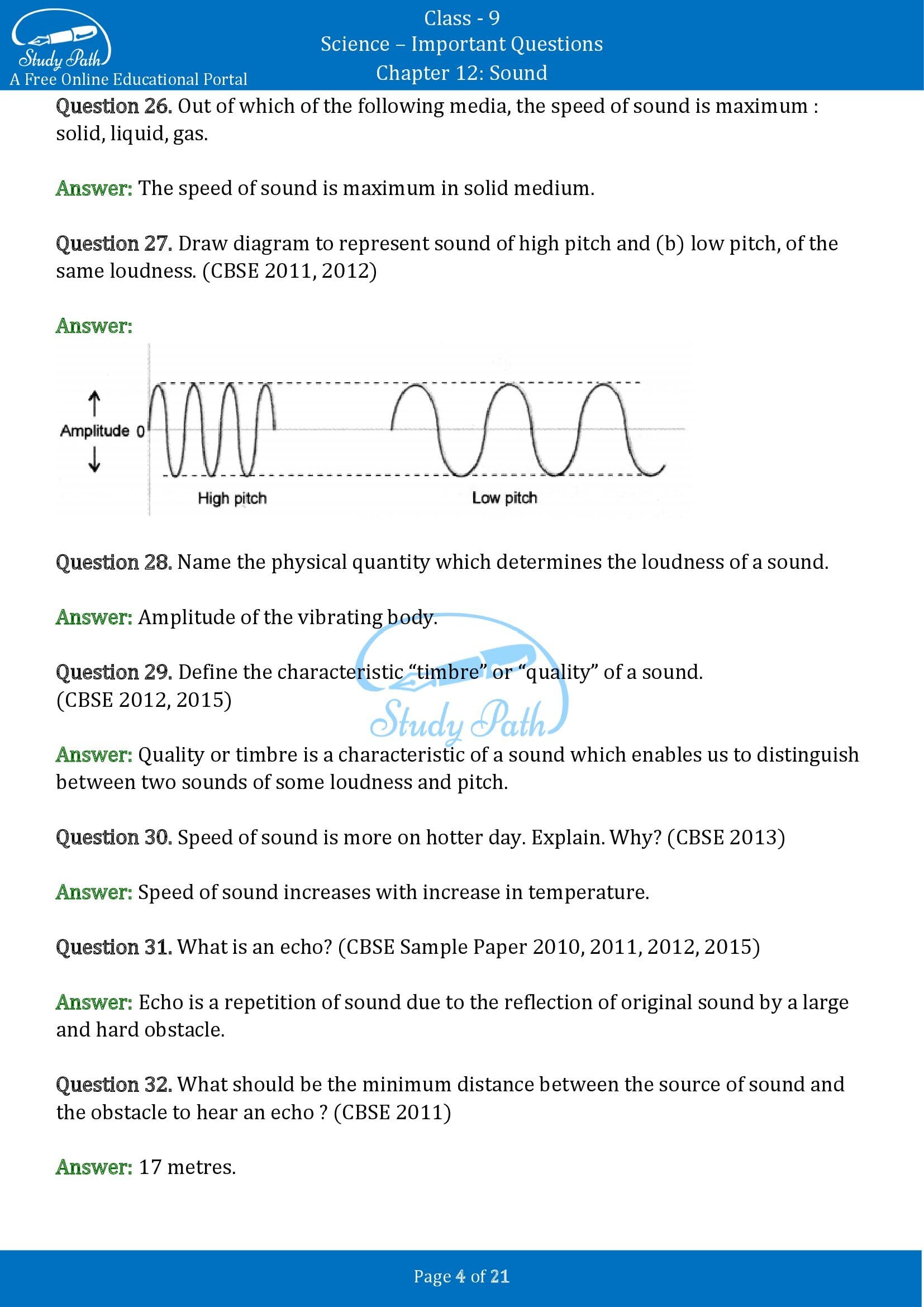 Important Questions For Class 9 Science Chapter 12 Sound Study Path