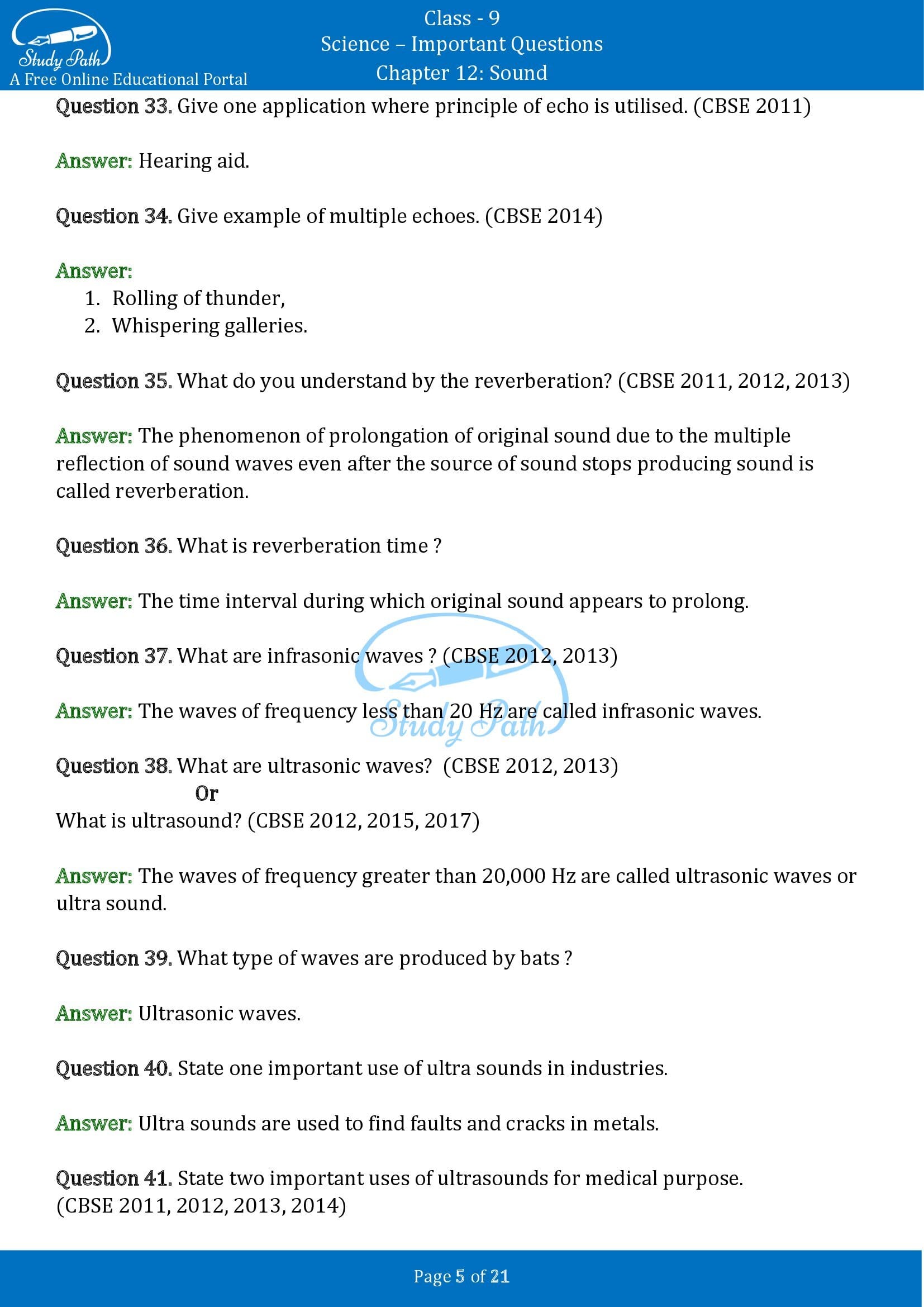 Important Questions for Class 9 Science Chapter 12 Sound 00005