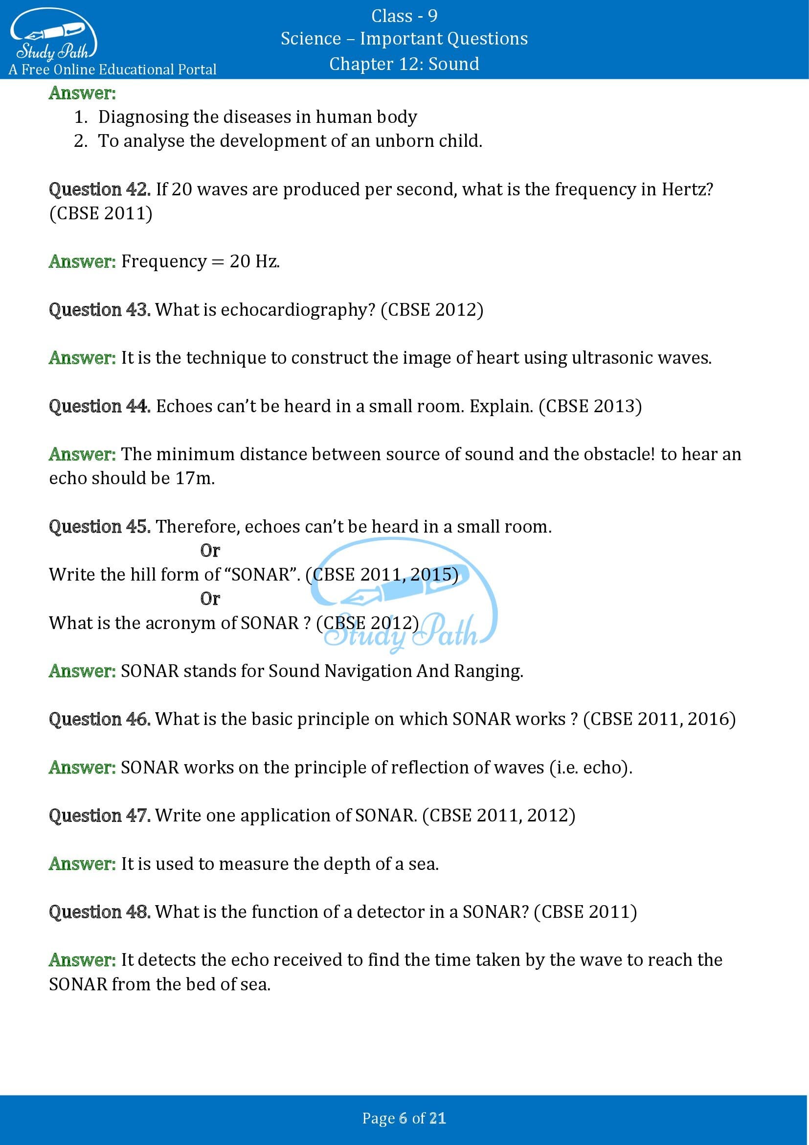 Important Questions for Class 9 Science Chapter 12 Sound 00006