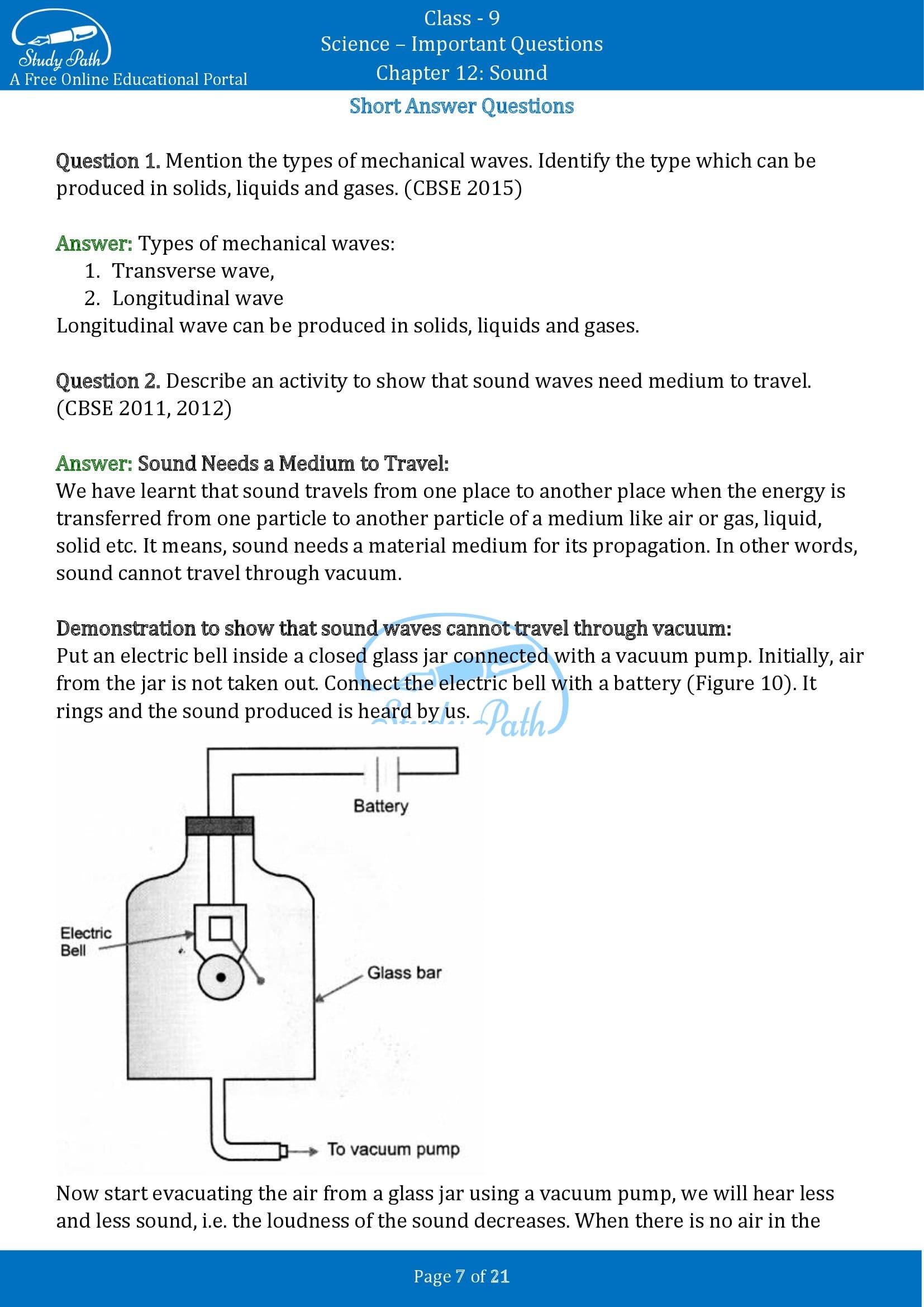 Important Questions for Class 9 Science Chapter 12 Sound 00007