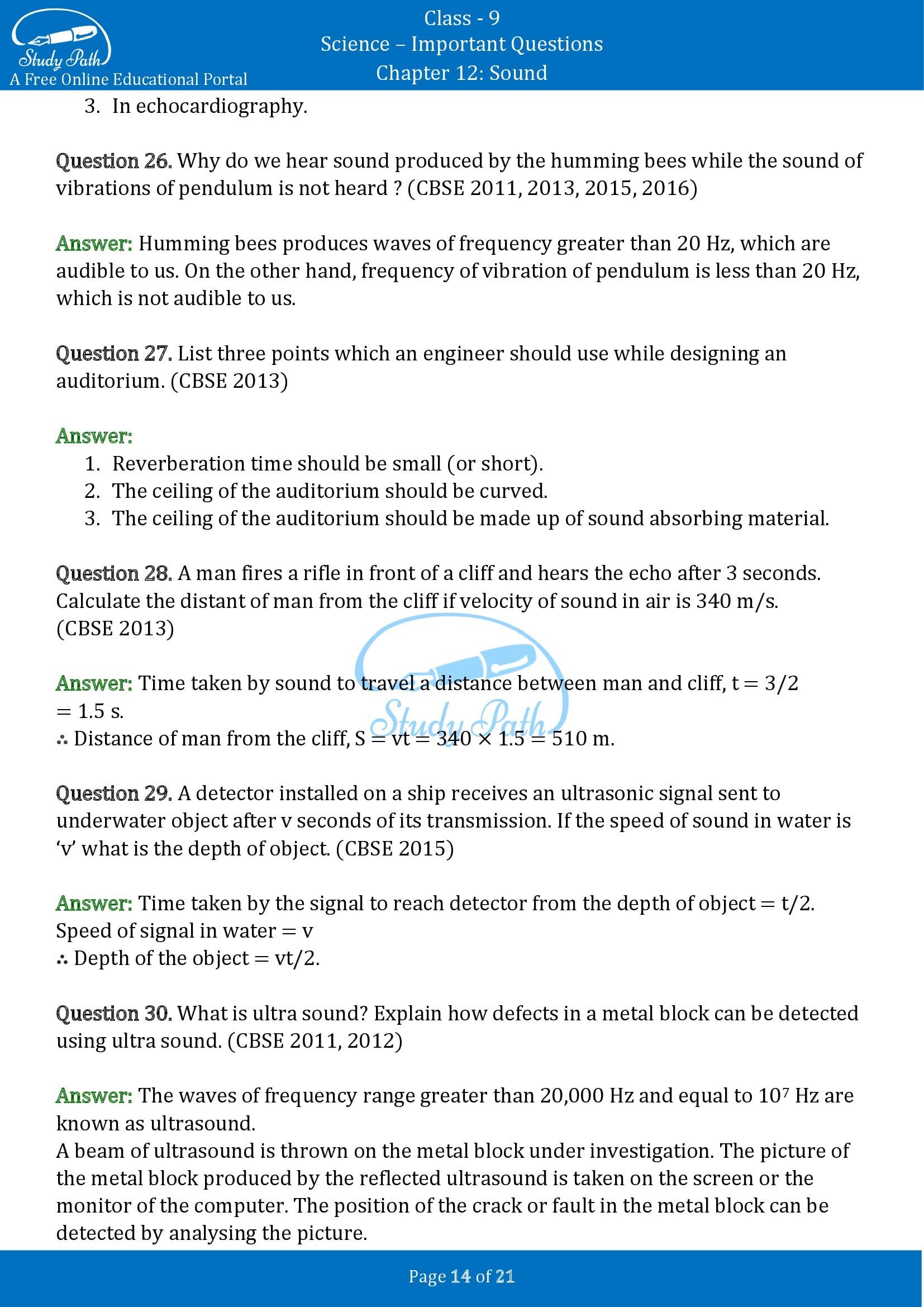 Important Questions for Class 9 Science Chapter 12 Sound 00014