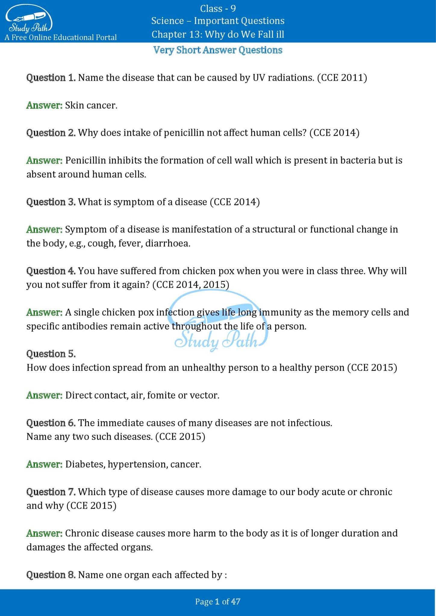 Important questions for class 9 science chapter 13 why do we fall ill