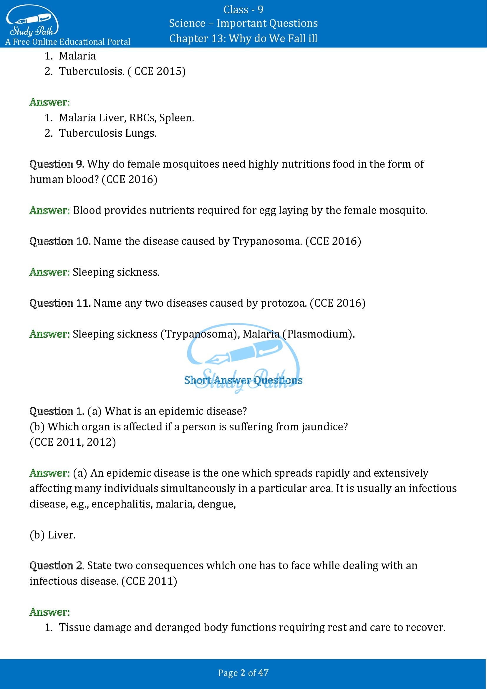 Important Questions for Class 9 Science Chapter 13 Why do We Fall ill 00002