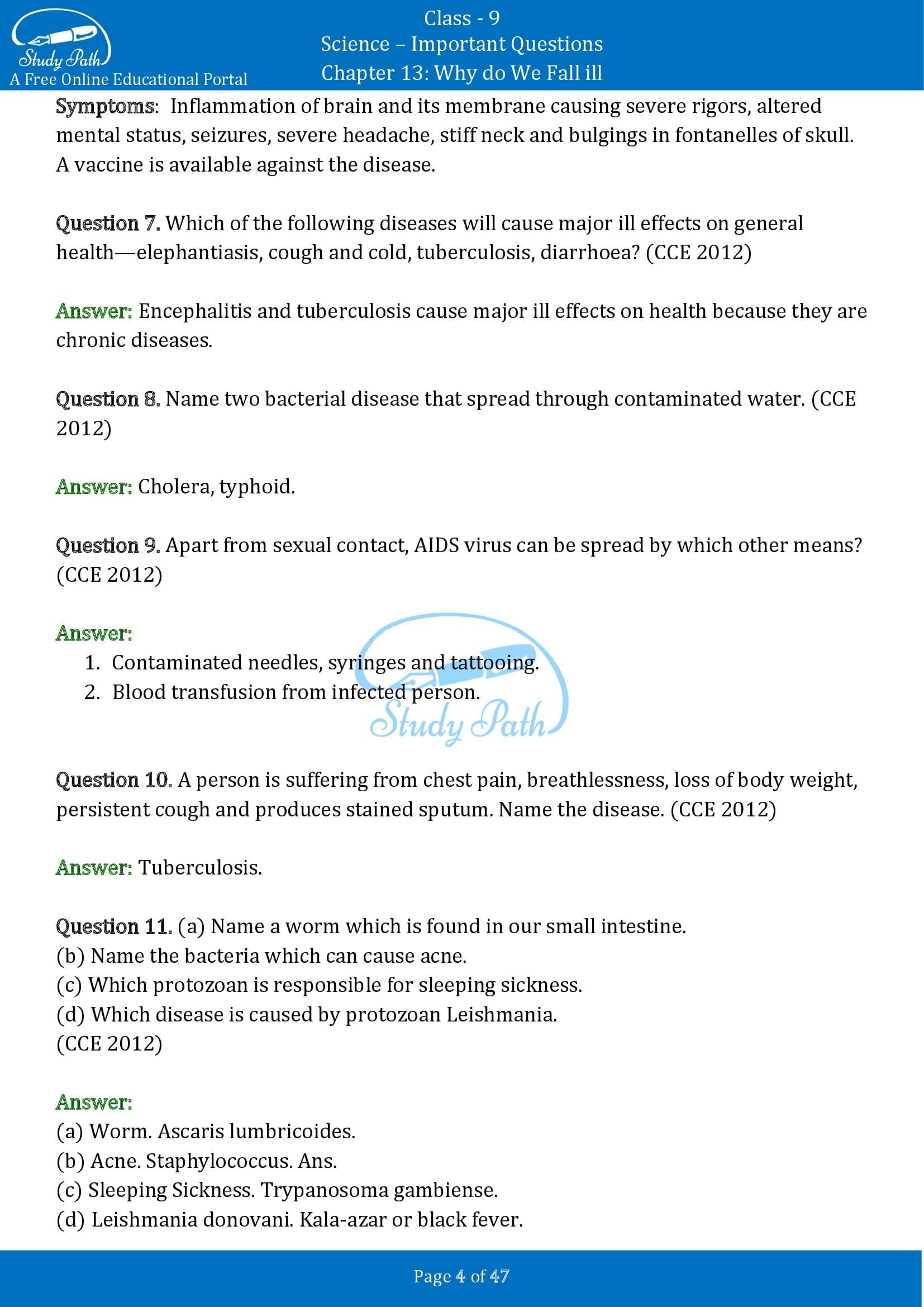 Important Questions for Class 9 Science Chapter 13 Why do We Fall ill 00004