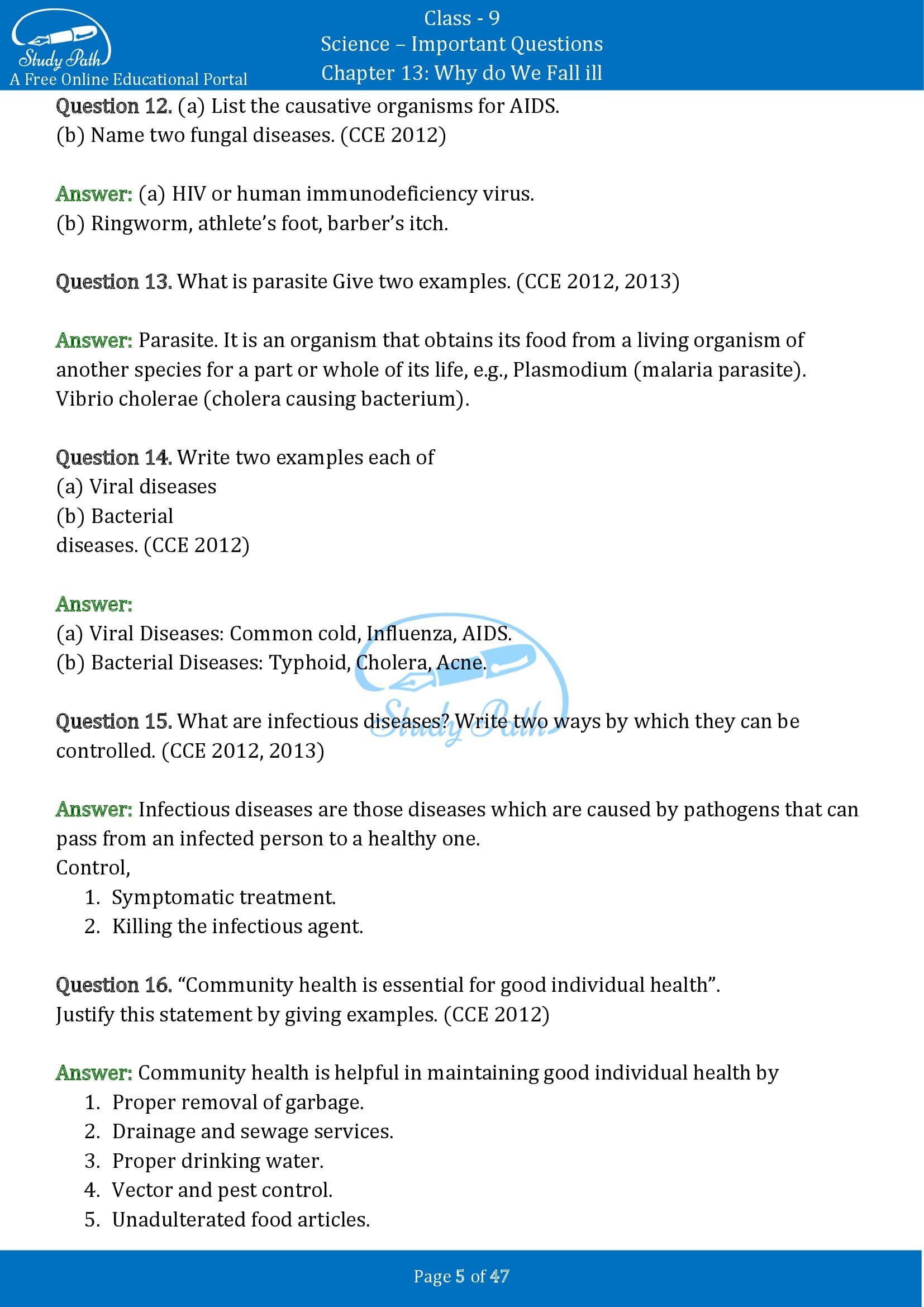 Important Questions for Class 9 Science Chapter 13 Why do We Fall ill 00005