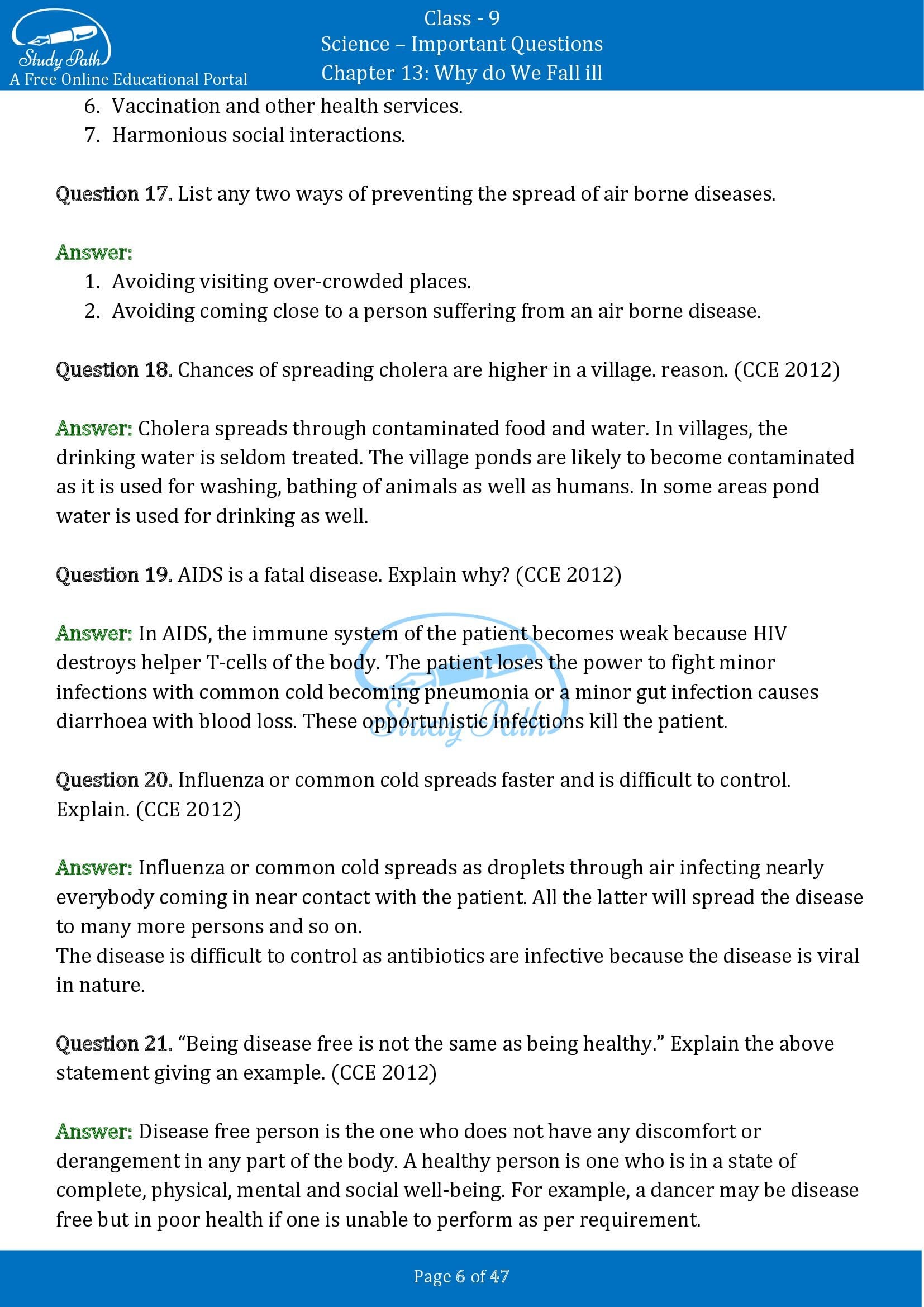 Important Questions for Class 9 Science Chapter 13 Why do We Fall ill 00006