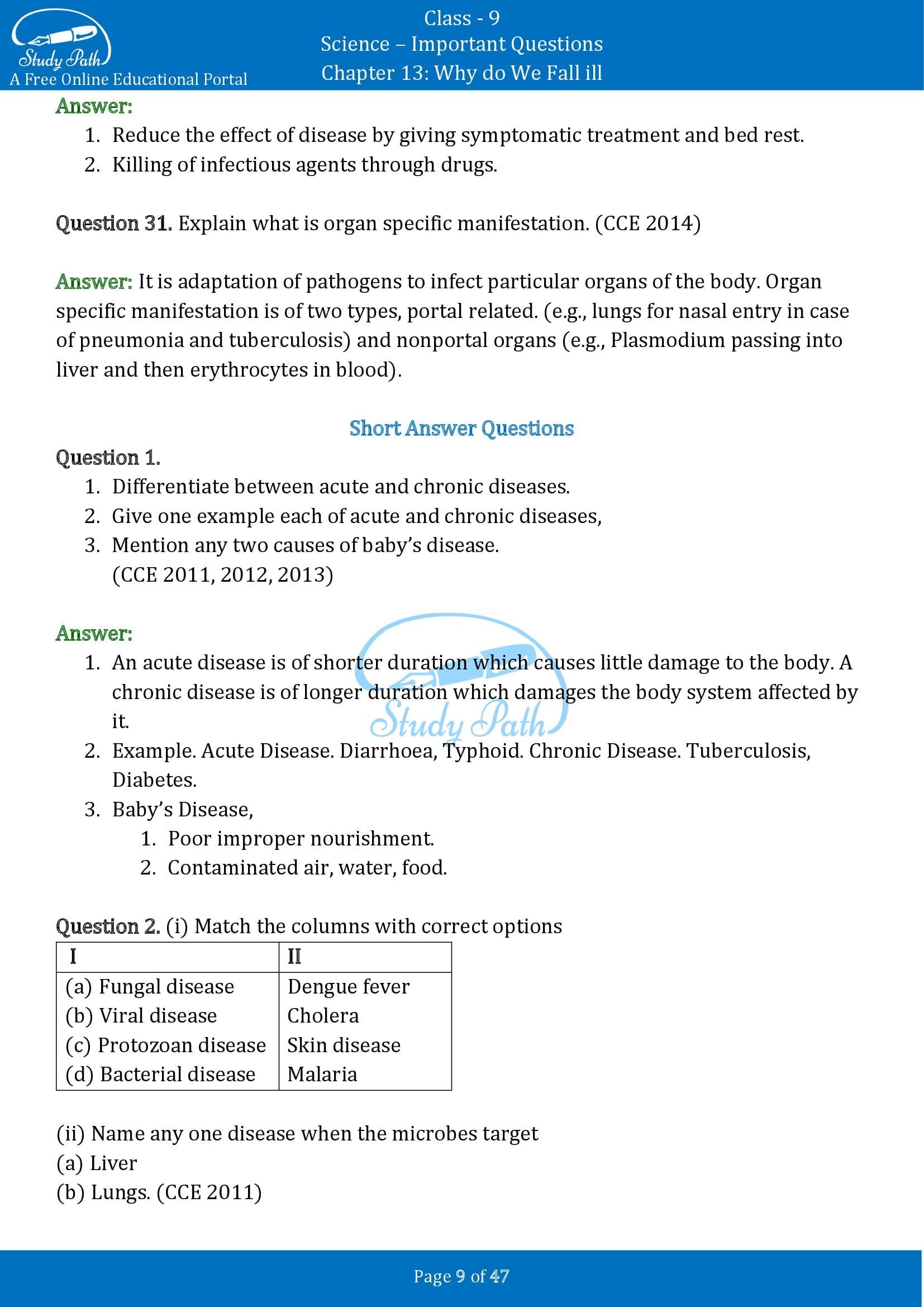 Important Questions for Class 9 Science Chapter 13 Why do We Fall ill 00009