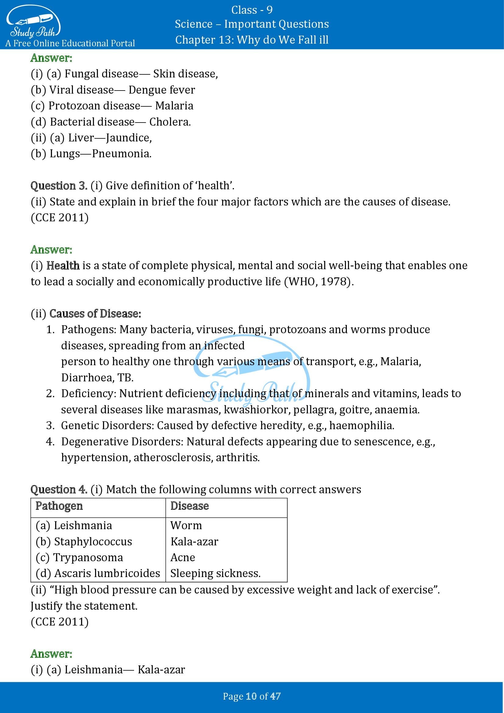 Important Questions for Class 9 Science Chapter 13 Why do We Fall ill 00010