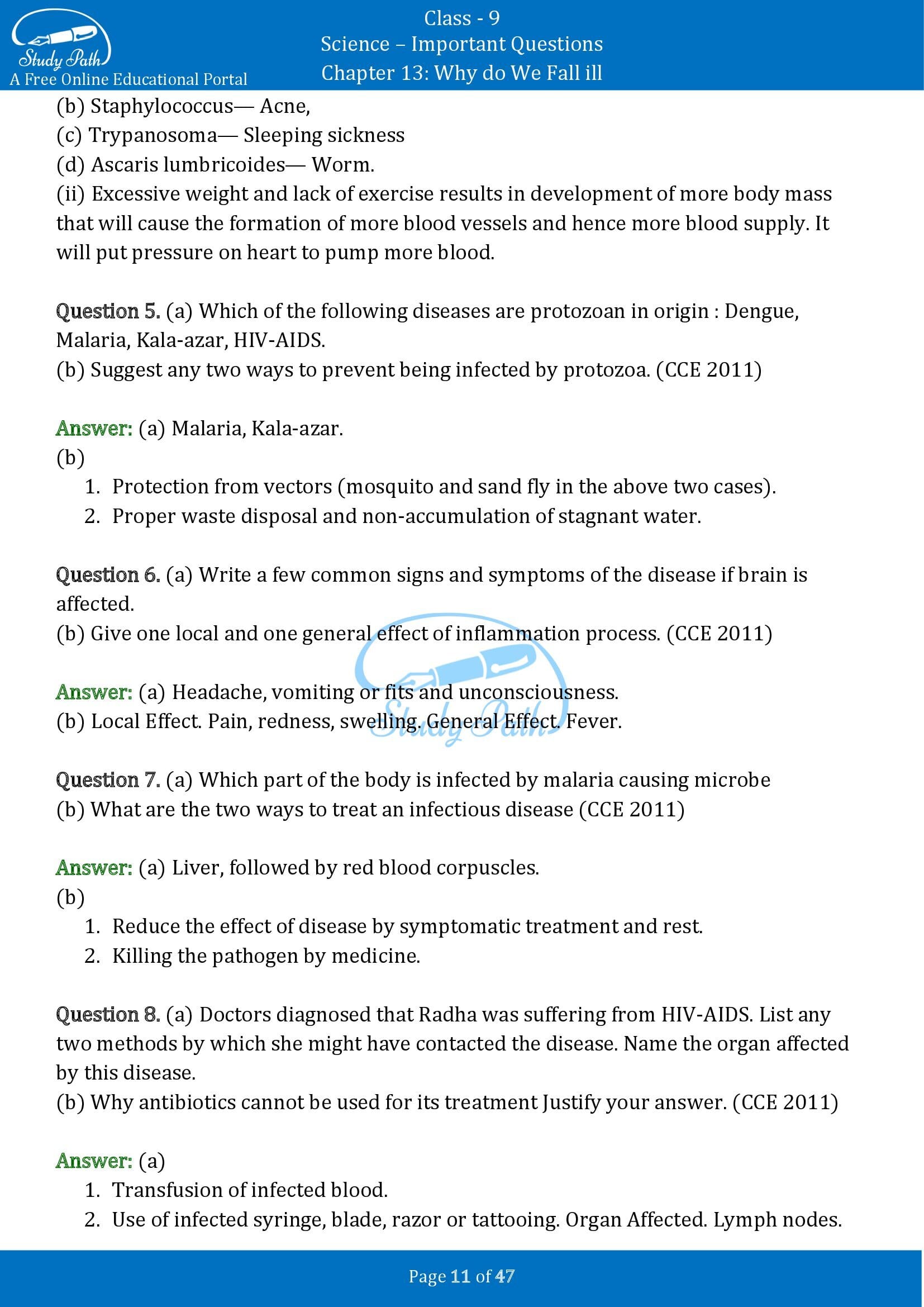 Important Questions for Class 9 Science Chapter 13 Why do We Fall ill 00011