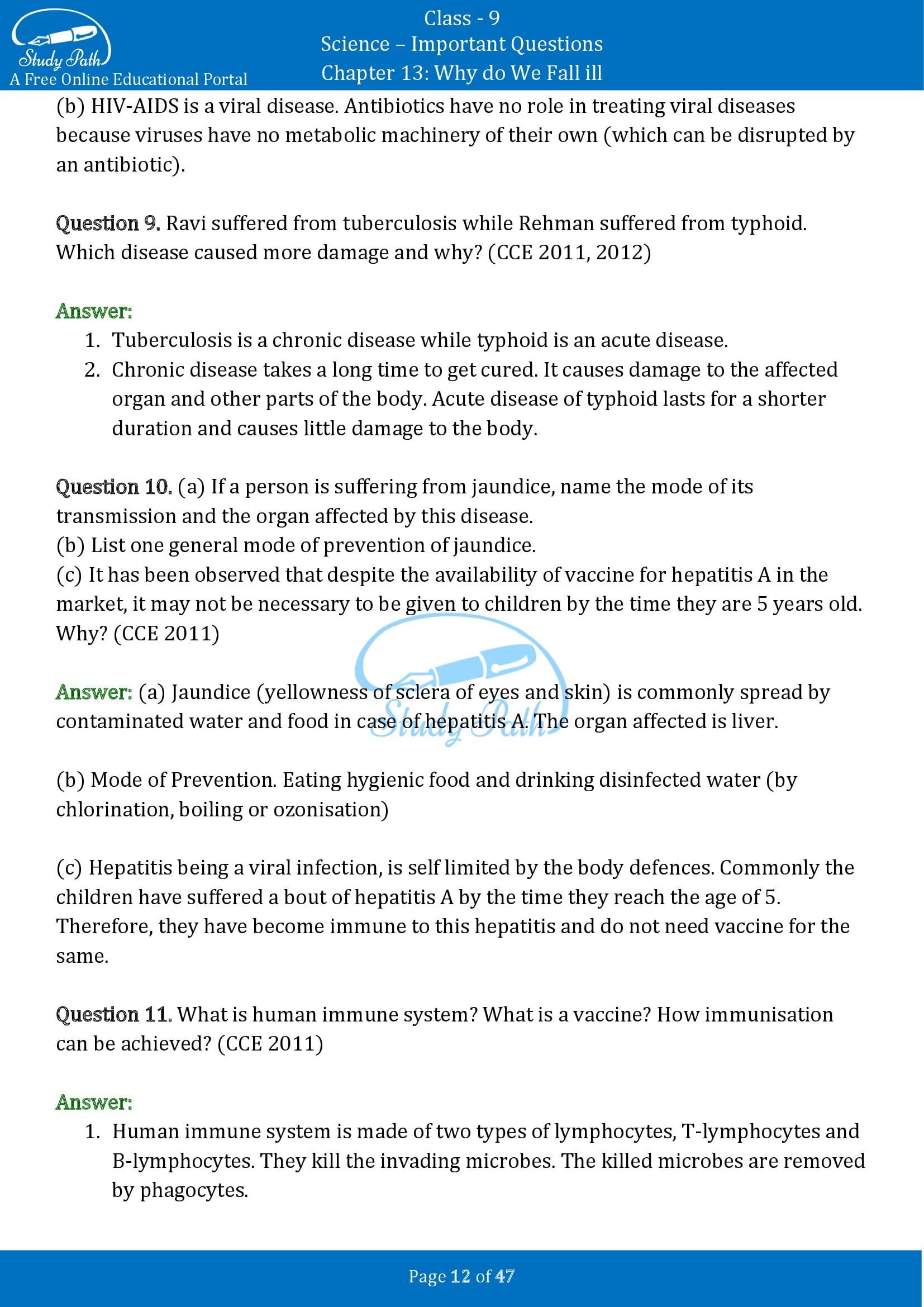 Important Questions for Class 9 Science Chapter 13 Why do We Fall ill 00012