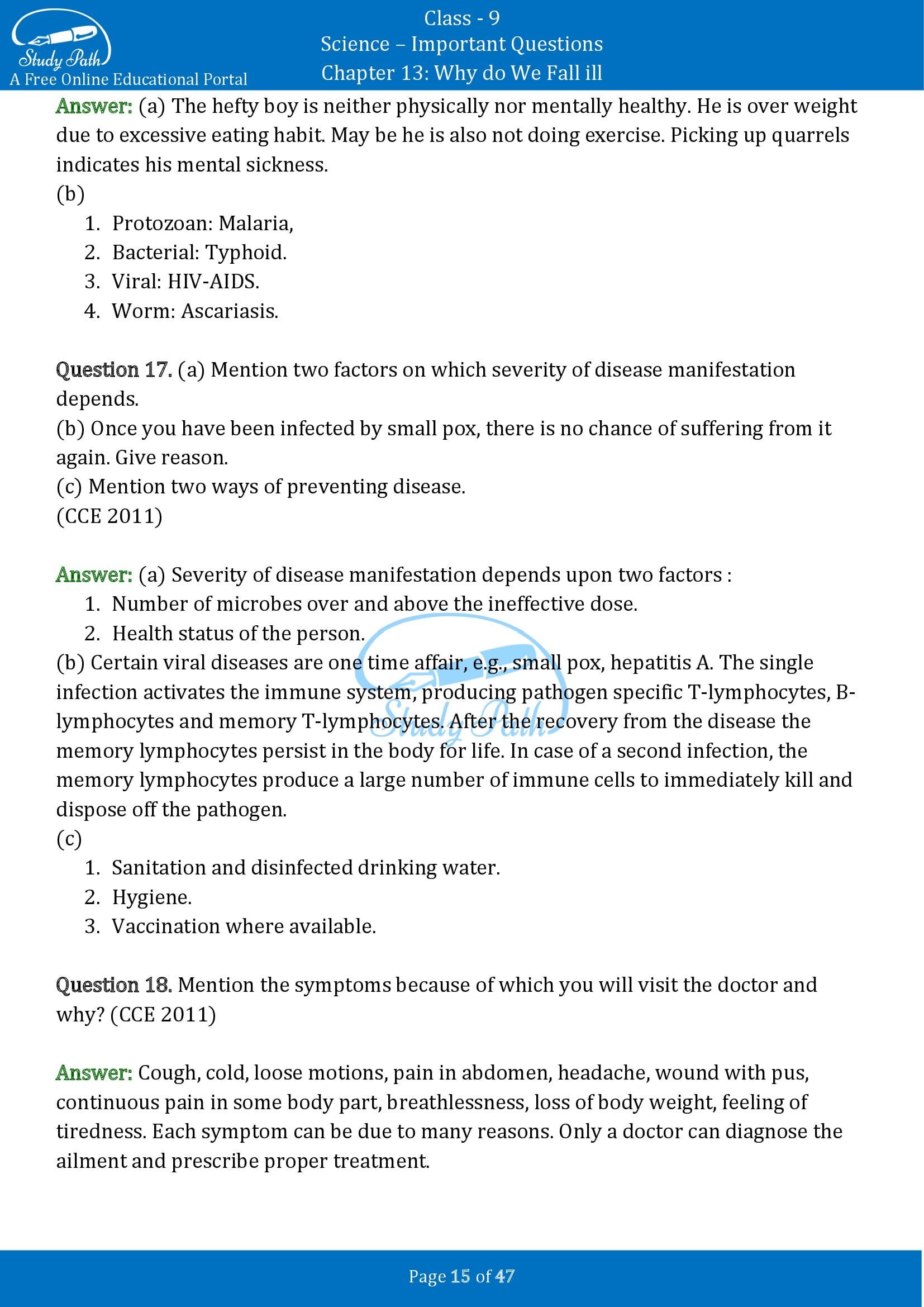 Important Questions for Class 9 Science Chapter 13 Why do We Fall ill 00015