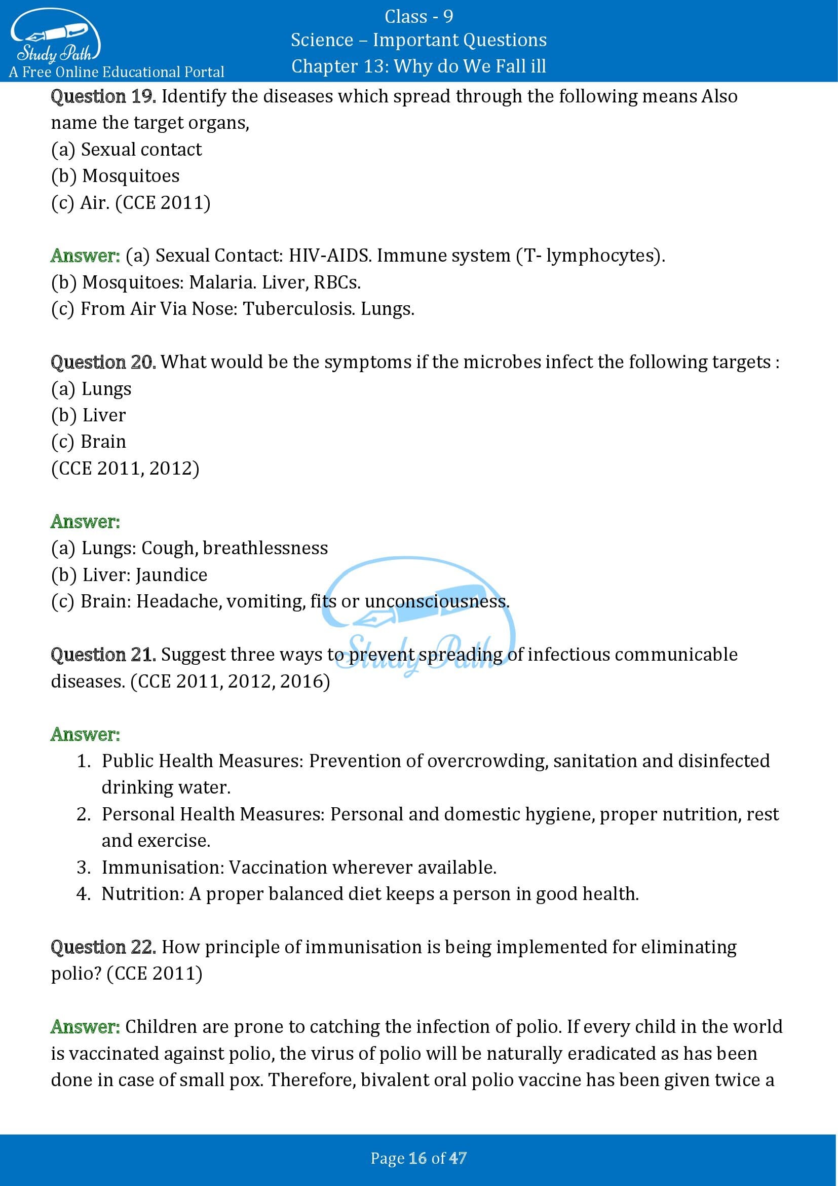 Important Questions for Class 9 Science Chapter 13 Why do We Fall ill 00016