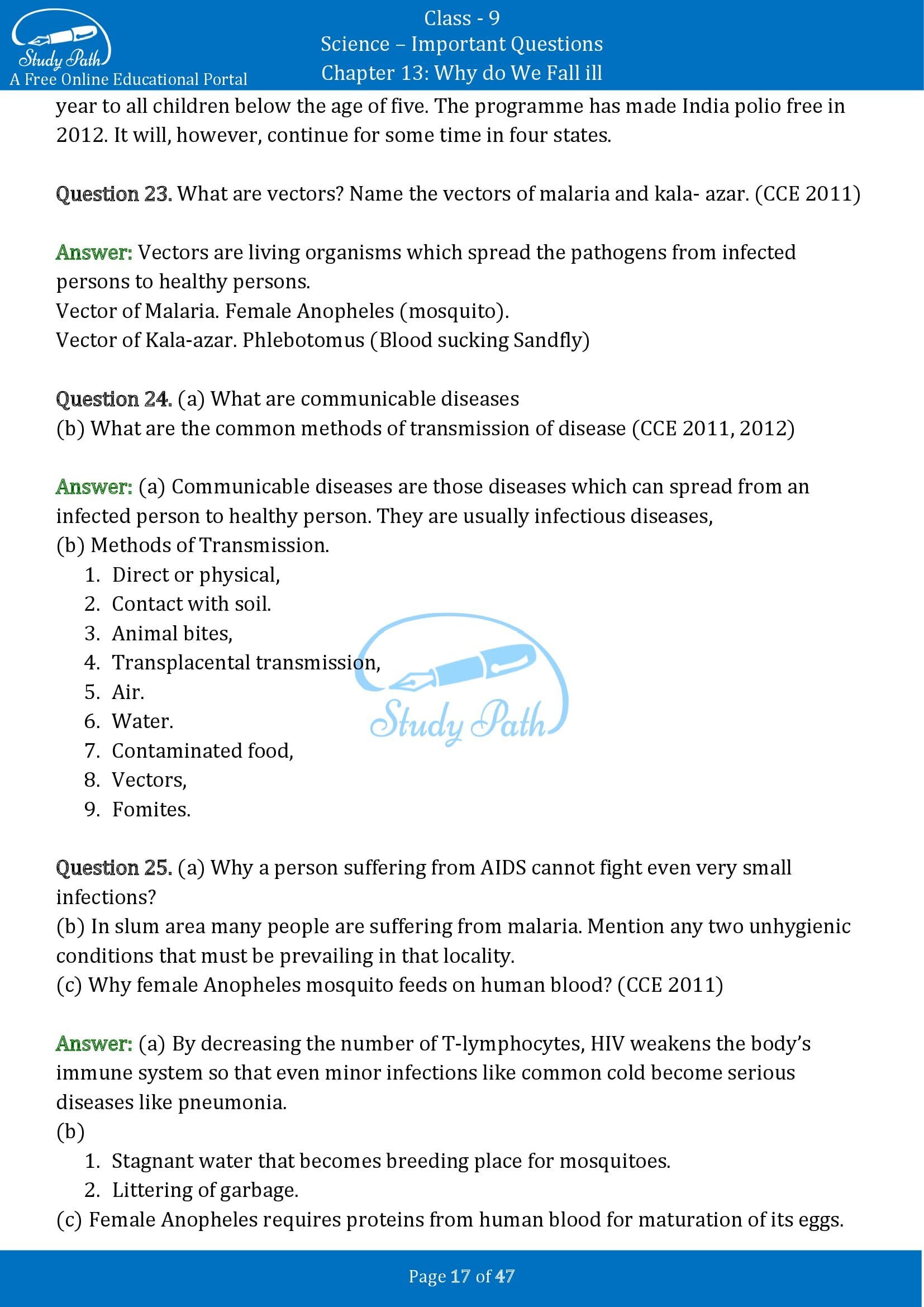 Important Questions for Class 9 Science Chapter 13 Why do We Fall ill 00017