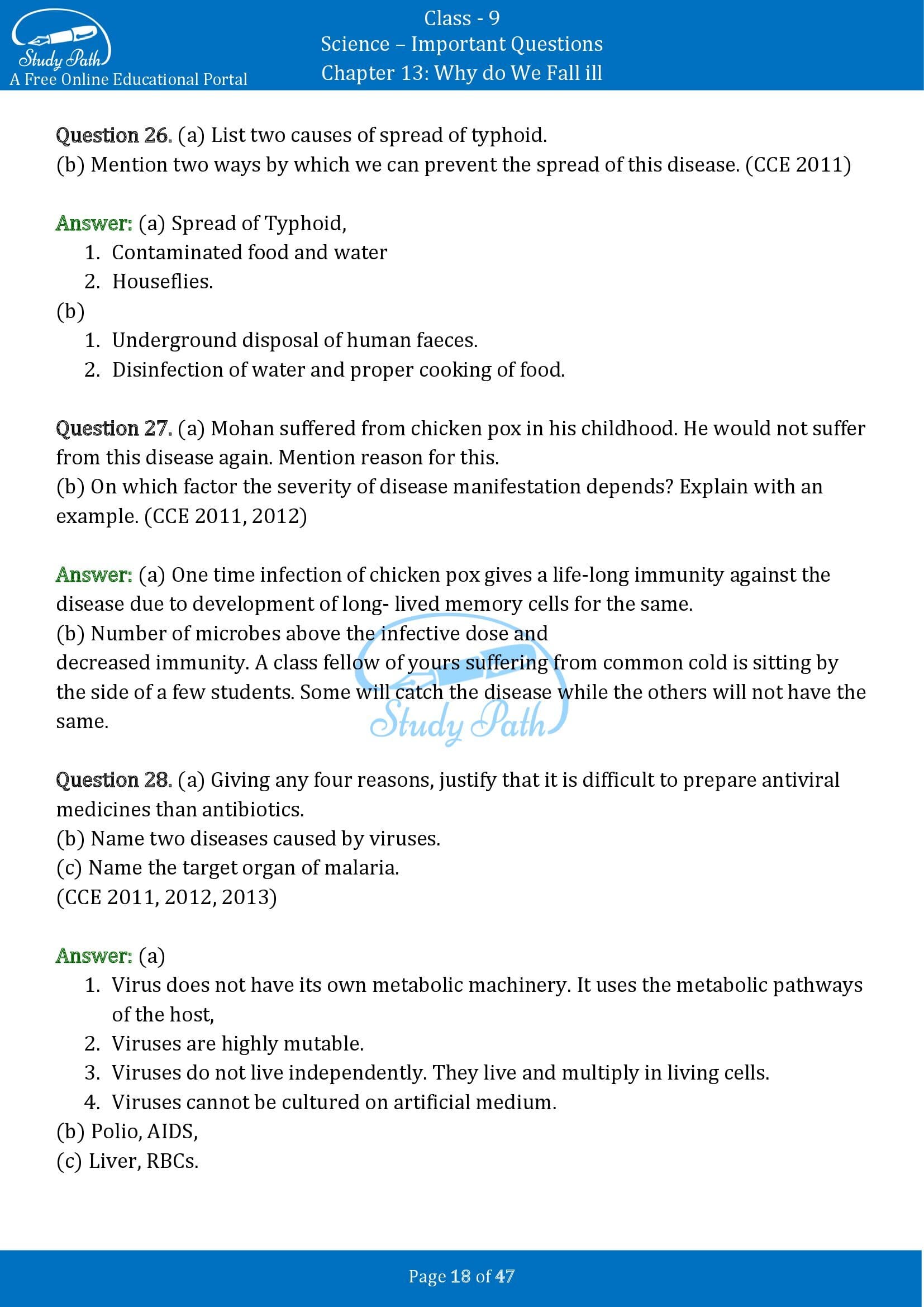 Important Questions for Class 9 Science Chapter 13 Why do We Fall ill 00018