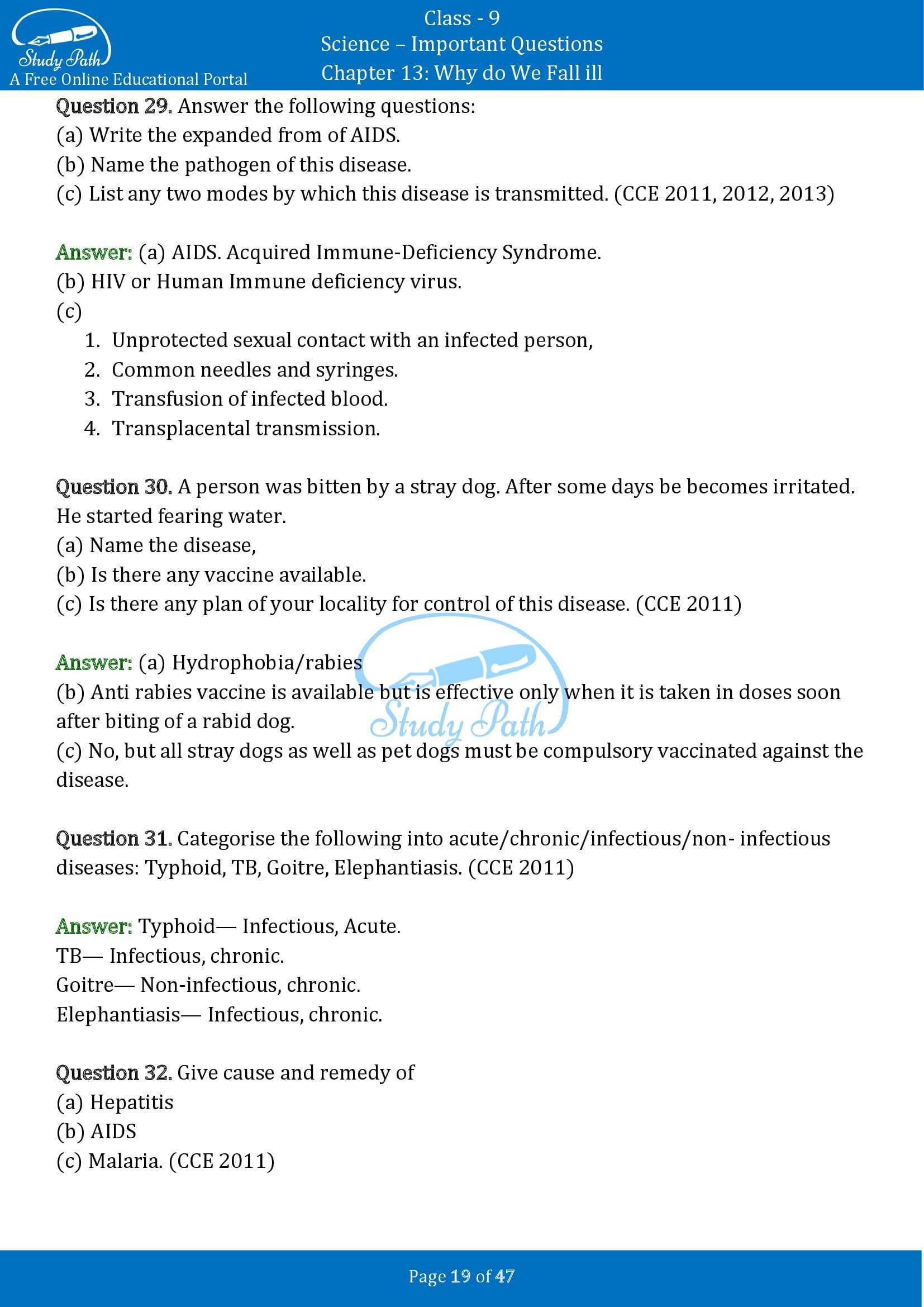 Important Questions for Class 9 Science Chapter 13 Why do We Fall ill 00019