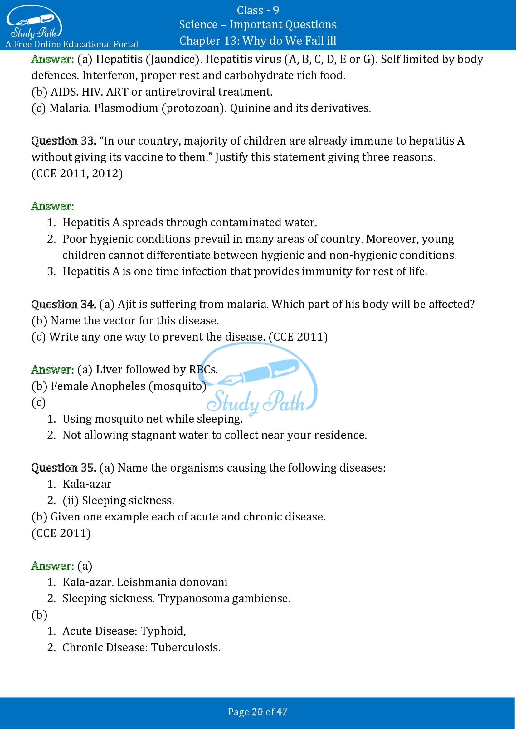 Important Questions for Class 9 Science Chapter 13 Why do We Fall ill 00020