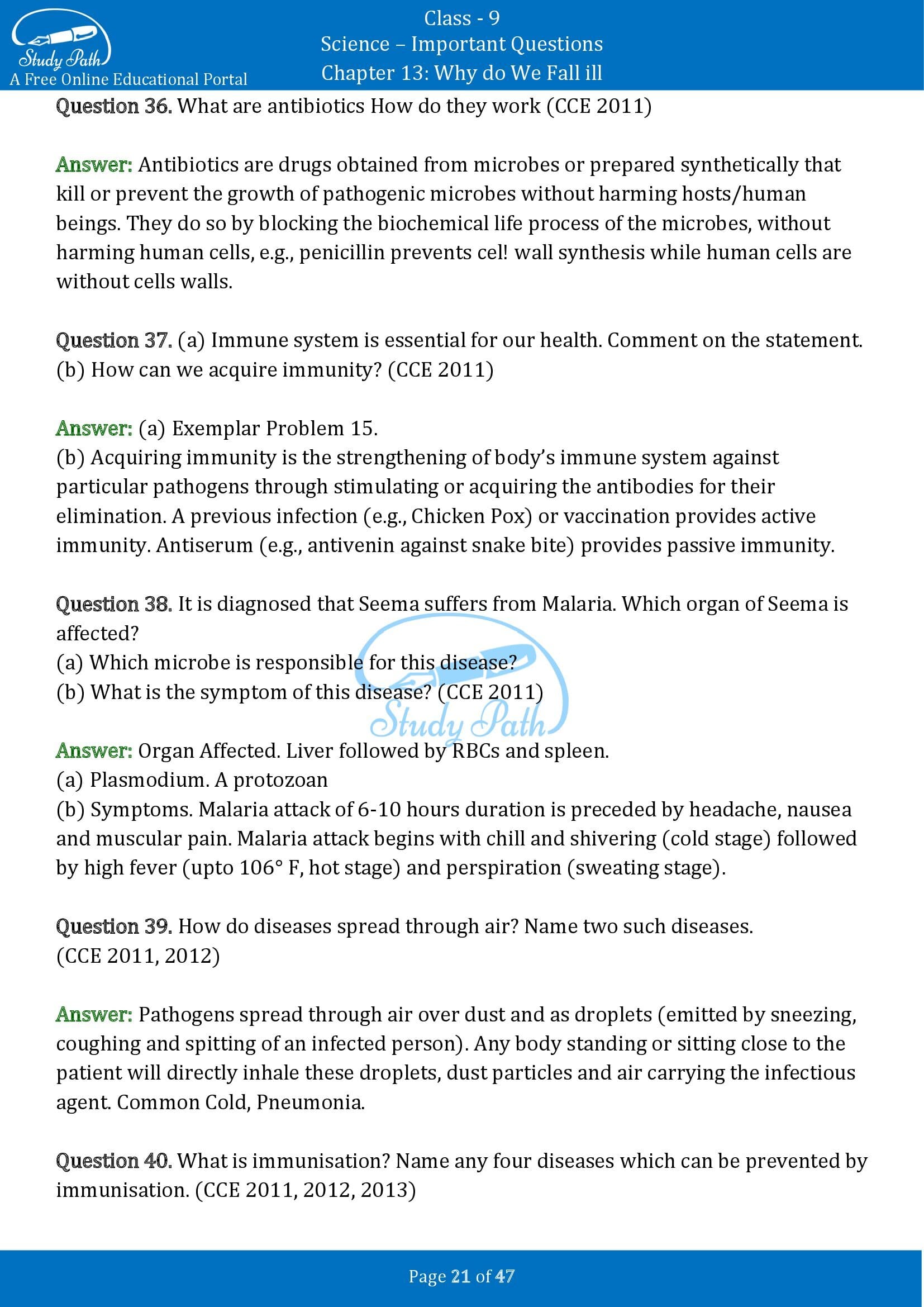 Important Questions for Class 9 Science Chapter 13 Why do We Fall ill 00021