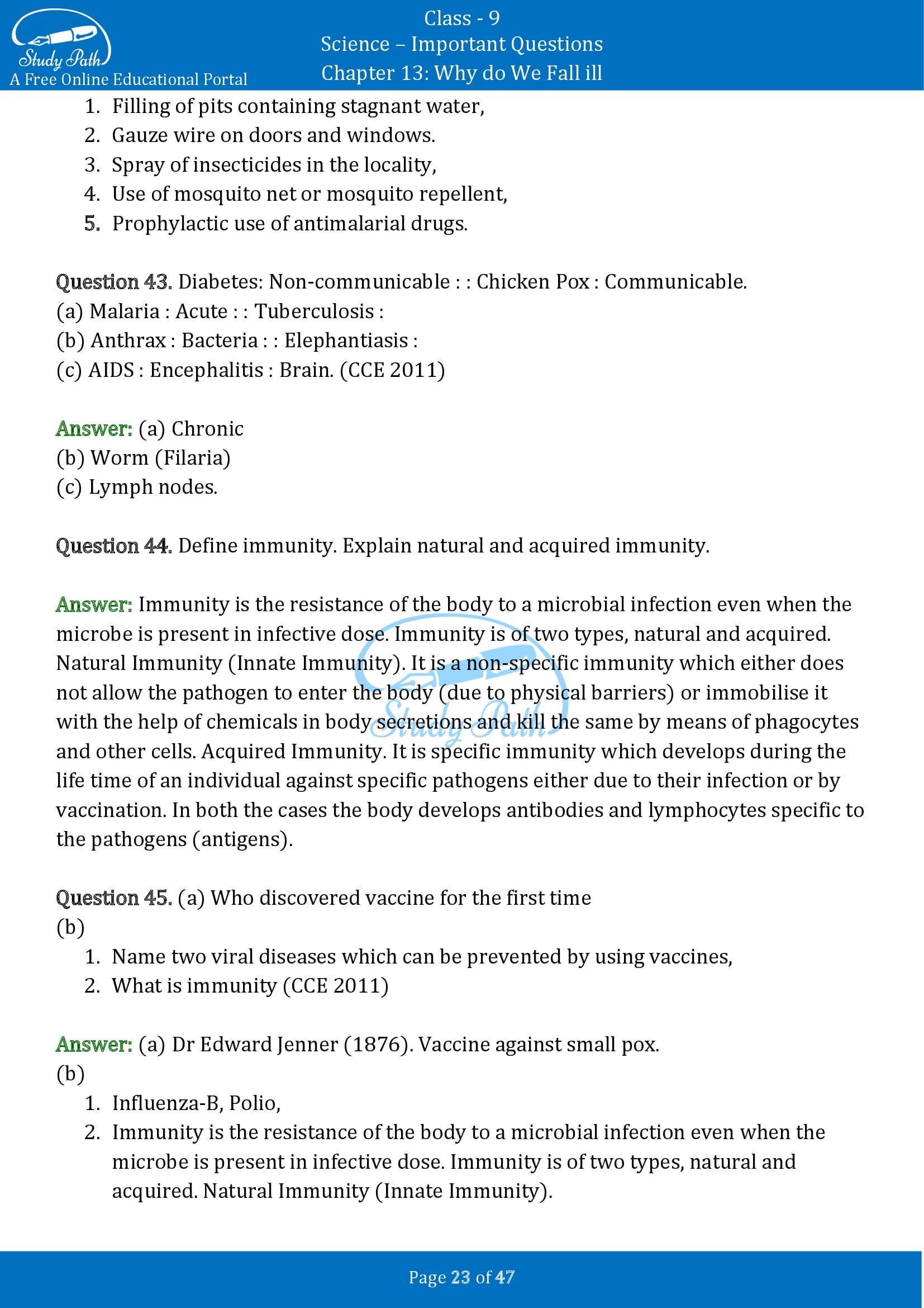 Important Questions for Class 9 Science Chapter 13 Why do We Fall ill 00023