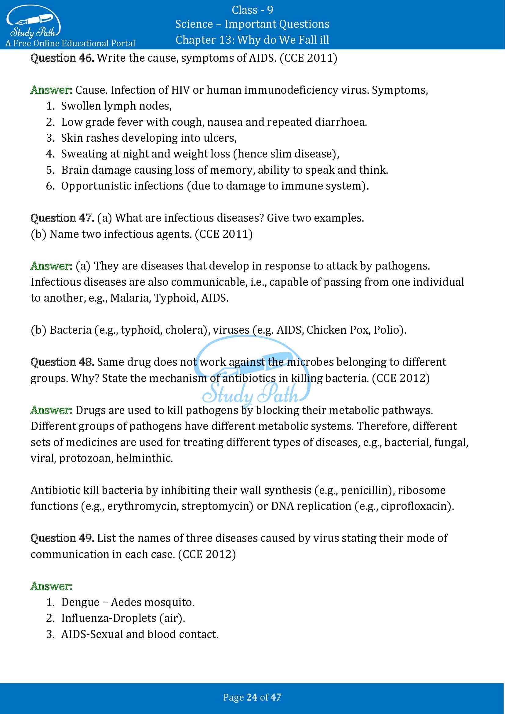 Important Questions for Class 9 Science Chapter 13 Why do We Fall ill 00024