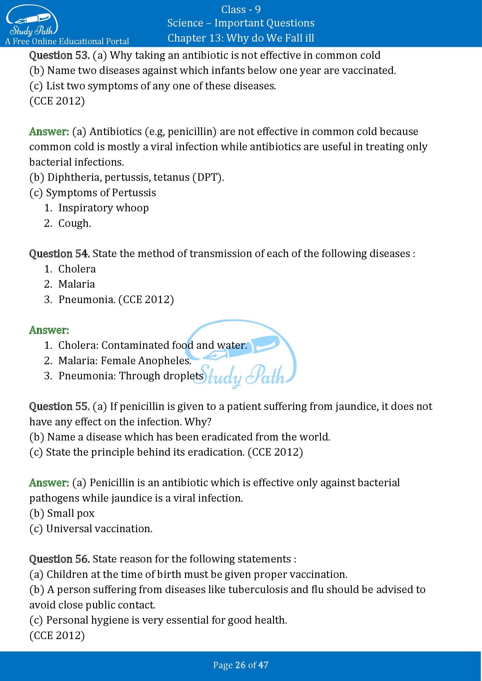 Important Questions for Class 9 Science Chapter 13 Why do We Fall ill 00026