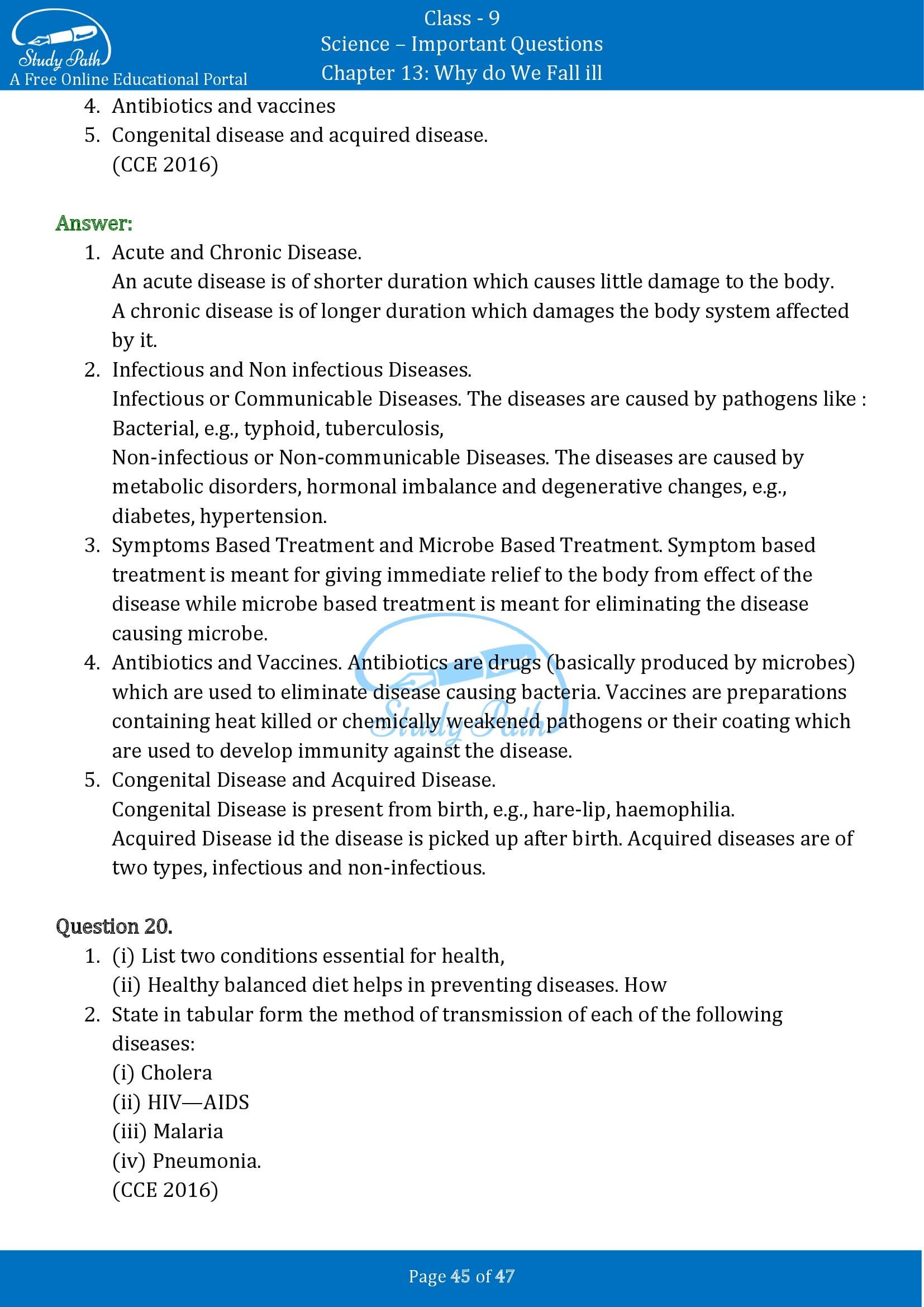 Important Questions for Class 9 Science Chapter 13 Why do We Fall ill 00045